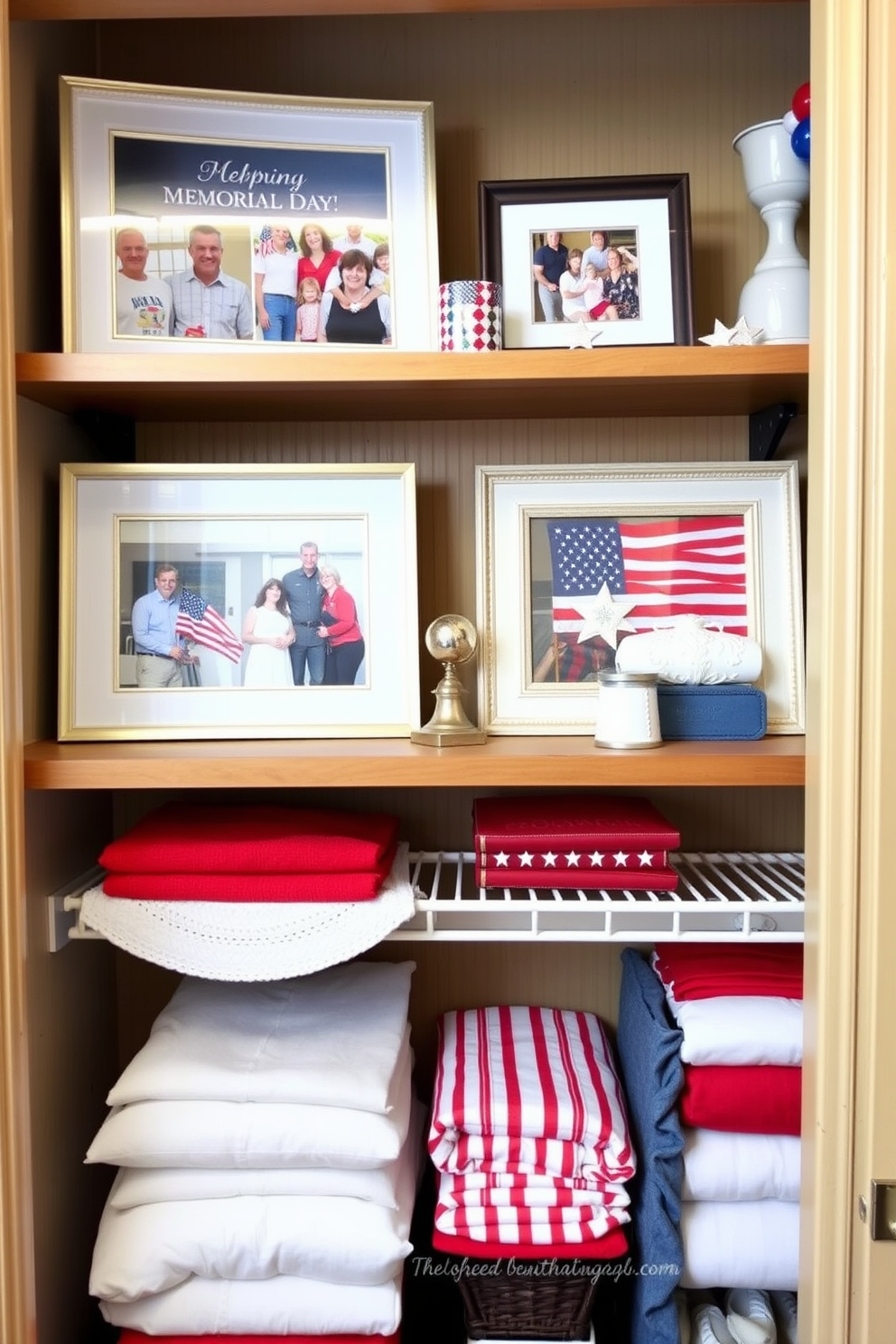 A beautifully arranged photo display on wooden shelves showcasing framed pictures of family and friends celebrating Memorial Day. The shelves are adorned with red white and blue decorative items including small flags and stars to create a festive atmosphere. A stylishly organized closet featuring patriotic themed decor for Memorial Day. The closet includes neatly folded red white and blue linens and accessories arranged to highlight the holiday spirit while maintaining a clean and functional design.