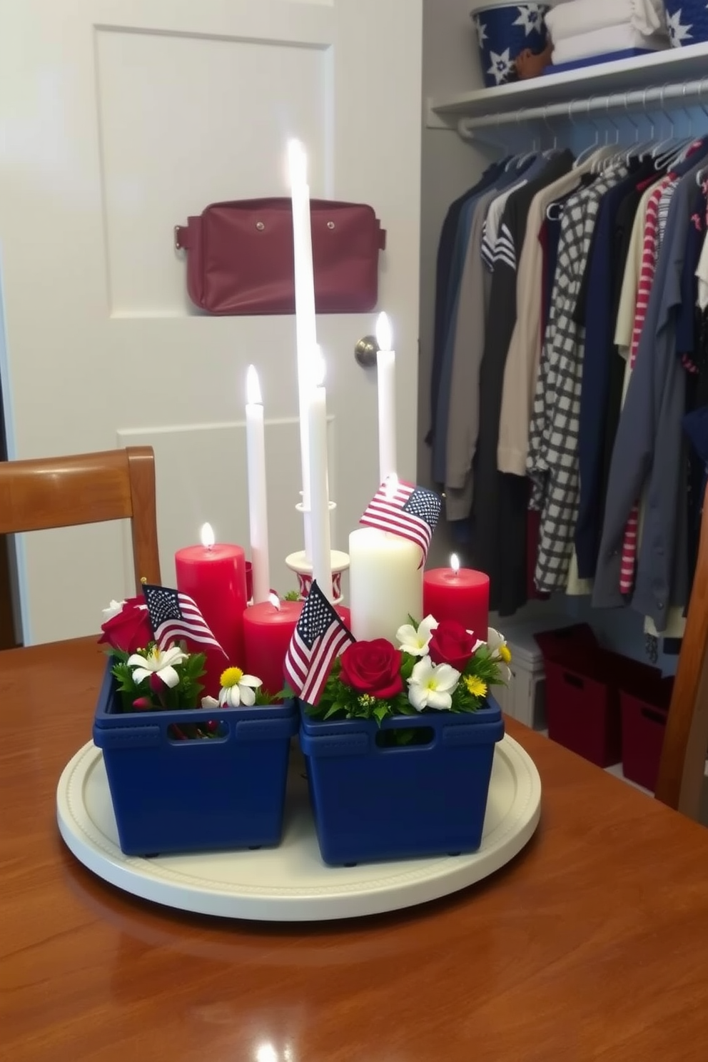 Candle arrangements in red white and blue create a festive atmosphere for Memorial Day celebrations. Arrange various sizes of candles in these colors on a decorative tray with small flags and seasonal flowers for a patriotic touch. For closet decorating ideas, utilize storage bins in coordinating colors to maintain a cohesive look. Hang decorative hooks on the inside of the closet door for accessories, and incorporate soft lighting to enhance the space.