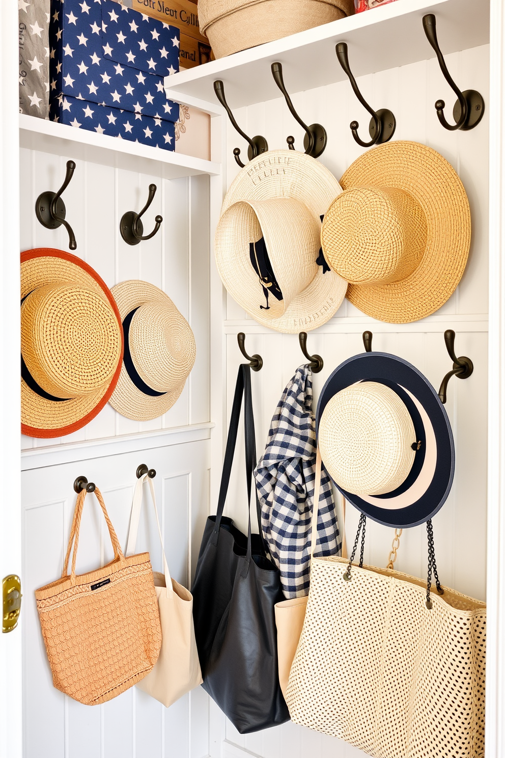 A stylish closet space designed for Memorial Day celebrations. The walls are adorned with decorative hooks in a vintage finish, perfect for hanging hats and bags, creating an organized yet fashionable display.