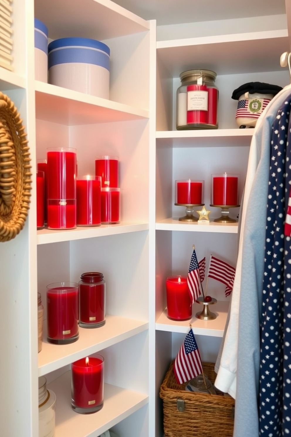 Create a cozy closet space that celebrates Memorial Day with themed candles. Incorporate seasonal scents like fresh linen and ocean breeze to evoke a sense of summer. Design the closet with organized shelves displaying red white and blue candles arranged artfully. Add decorative elements such as small flags and patriotic accents to enhance the festive atmosphere.