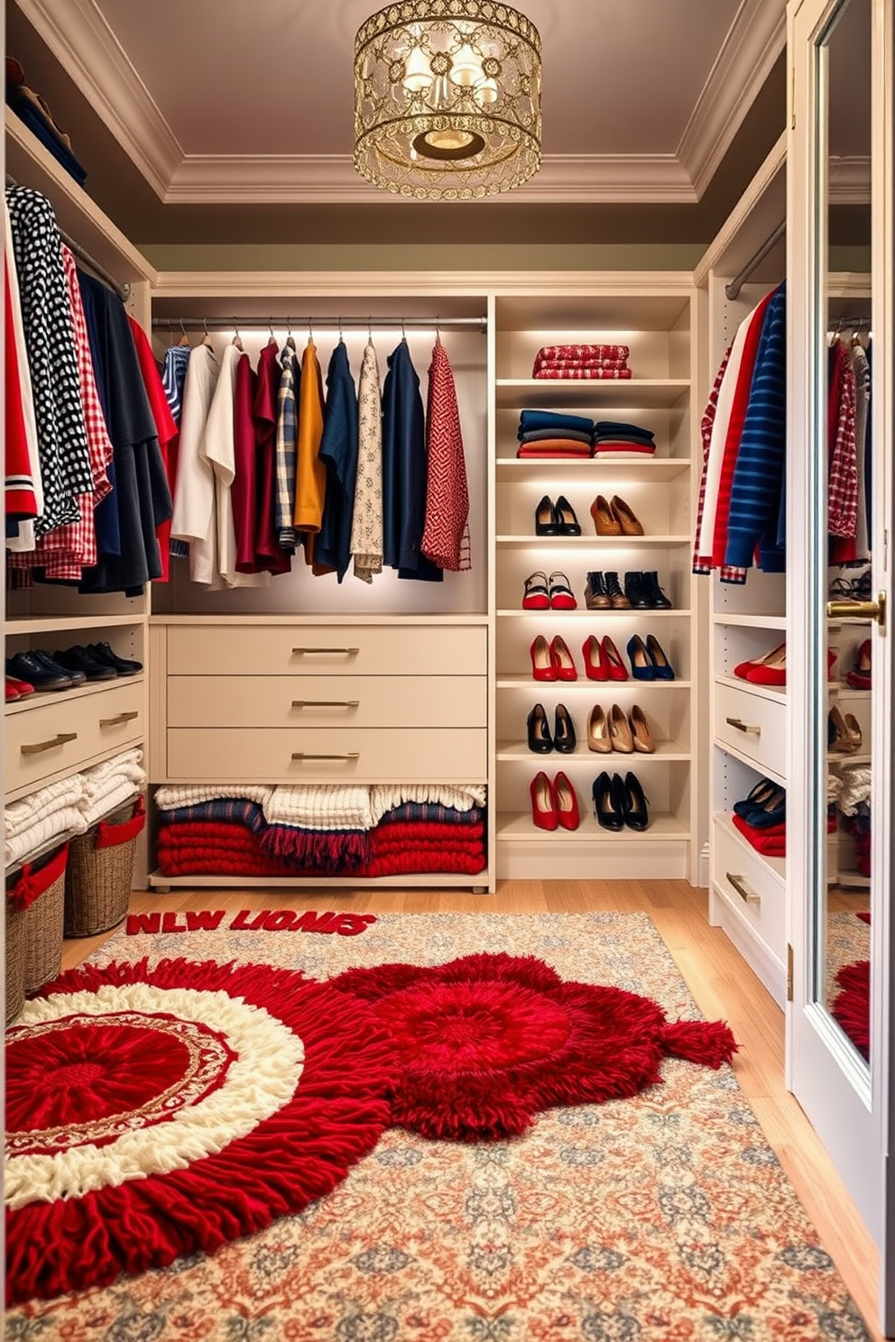 Layered rugs in patriotic colors create a vibrant and inviting atmosphere. The rich reds, whites, and blues blend seamlessly to evoke a sense of celebration and warmth. For closet decorating ideas, imagine a well-organized space with custom shelving and elegant storage solutions. Soft lighting highlights the neatly arranged shoes and accessories, making the closet both functional and stylish.