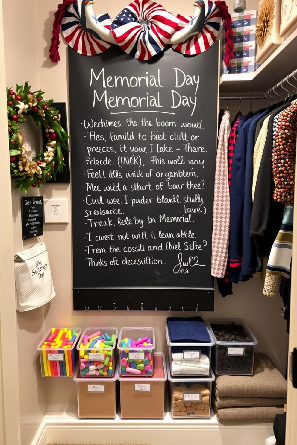 A large chalkboard is mounted on the wall, surrounded by festive decorations for Memorial Day. Colorful chalk is neatly arranged below, inviting family and friends to leave heartfelt messages and memories. The closet features a clever organization system with labeled bins and stylish hooks for accessories. Soft lighting highlights the neatly folded clothes and seasonal decorations, creating a welcoming space.