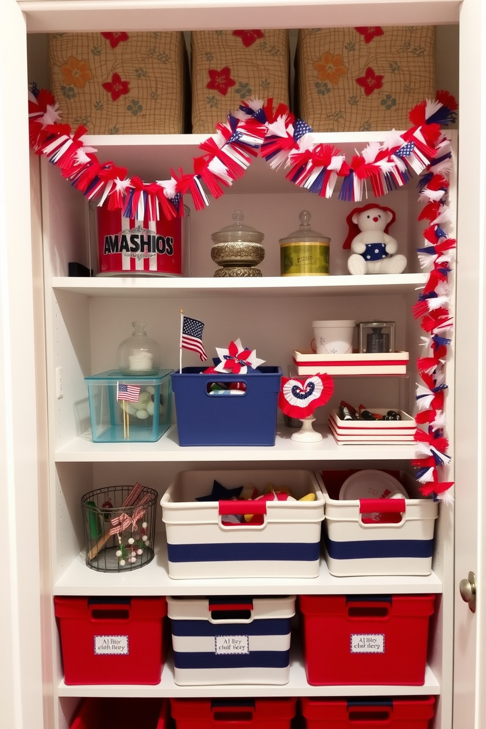 Festive garlands draped across shelves create a cheerful and inviting atmosphere. The shelves are adorned with a mix of colorful decorations, including small flags and seasonal ornaments. Memorial Day closet decorating ideas focus on incorporating patriotic colors and symbols. Use red, white, and blue storage bins to organize items while adding a festive touch to your space.