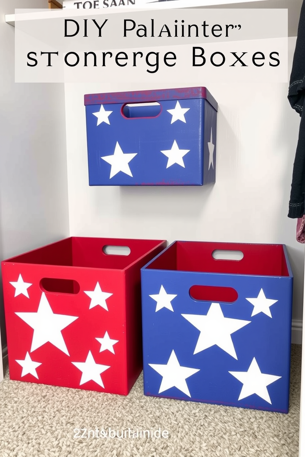 DIY painted storage boxes with stars. These vibrant boxes are adorned with white star patterns and are perfect for organizing your closet while adding a festive touch for Memorial Day.