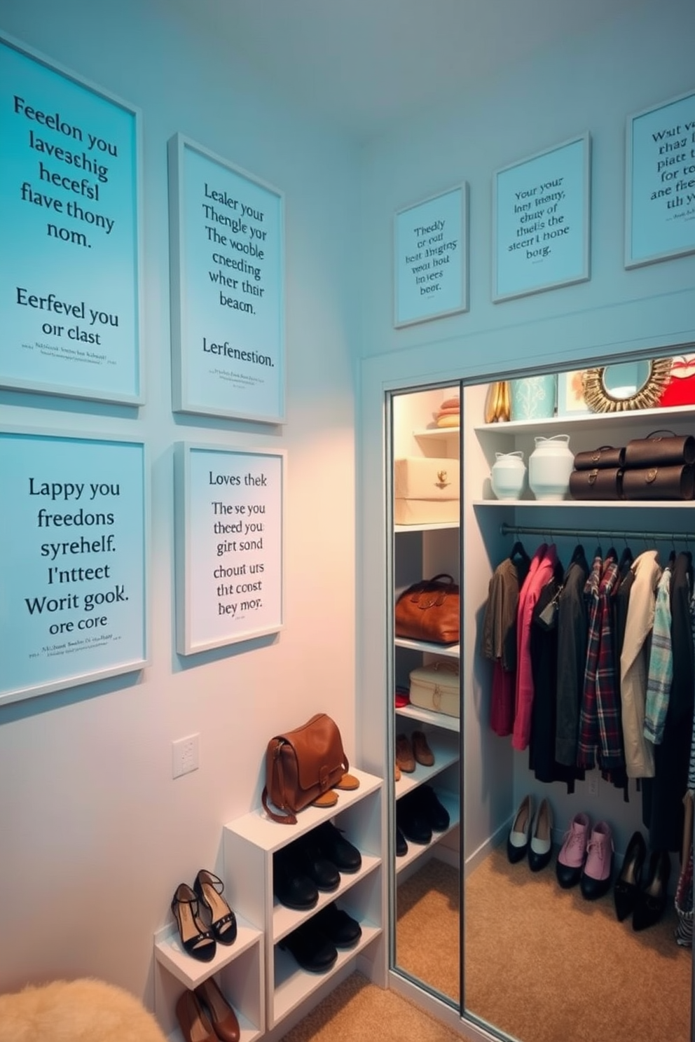 A serene and inspiring space adorned with framed quotes about freedom and unity. The walls are painted in soft pastel colors, creating a calm atmosphere that encourages reflection and connection. A stylish closet featuring organized shelves and hanging spaces decorated with seasonal accessories. Soft lighting highlights the neatly arranged shoes and bags, while a decorative mirror enhances the sense of space and elegance.