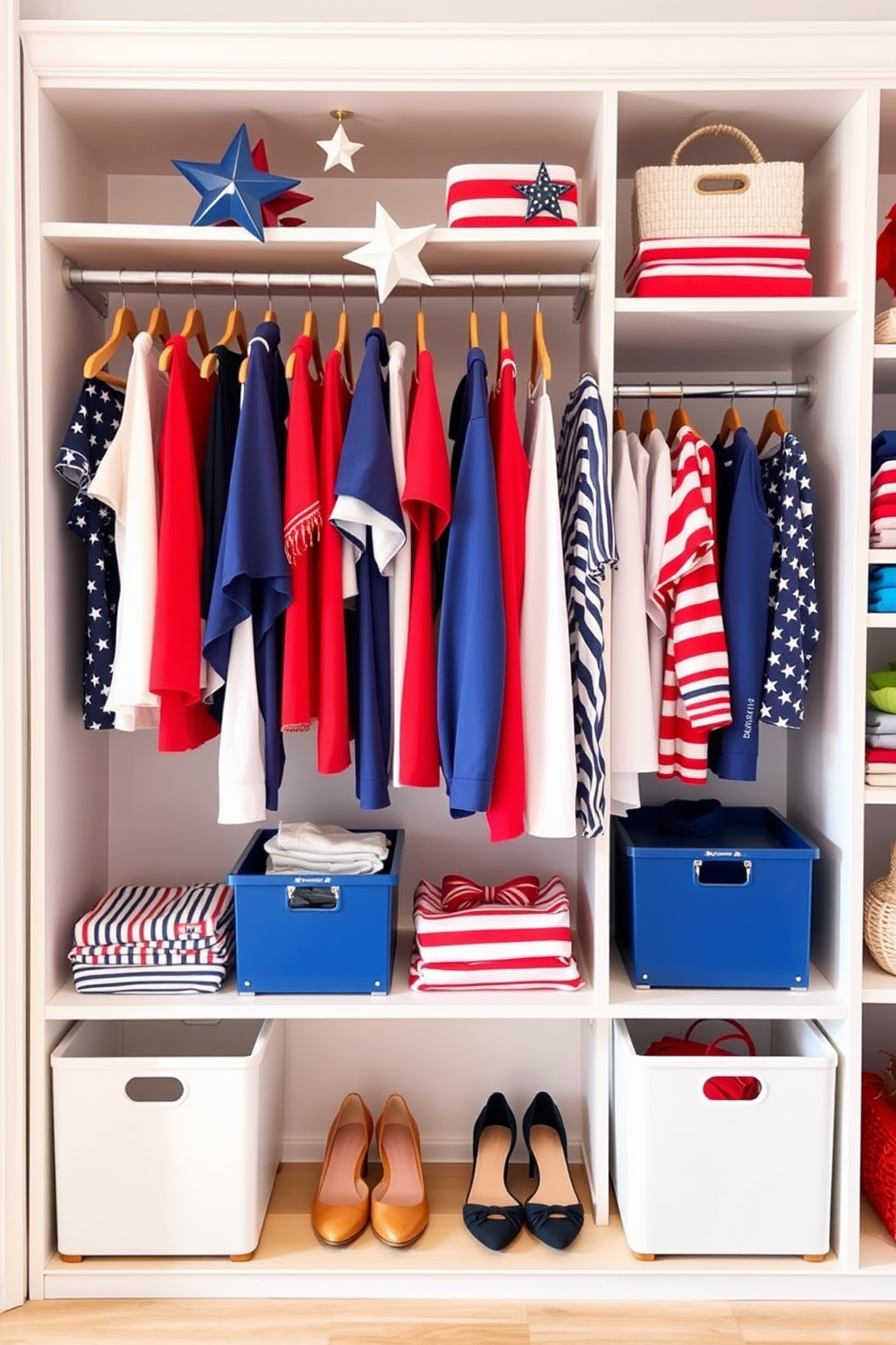 Create a seasonal clothing display that captures the essence of Memorial Day with a fresh and vibrant color palette. Incorporate red white and blue garments arranged neatly on stylish hangers while adding decorative elements like stars and stripes to enhance the patriotic theme. Design a closet space that maximizes organization and accessibility for summer attire. Utilize open shelving and chic storage bins to showcase folded clothes and accessories while ensuring easy visibility and a clean aesthetic.