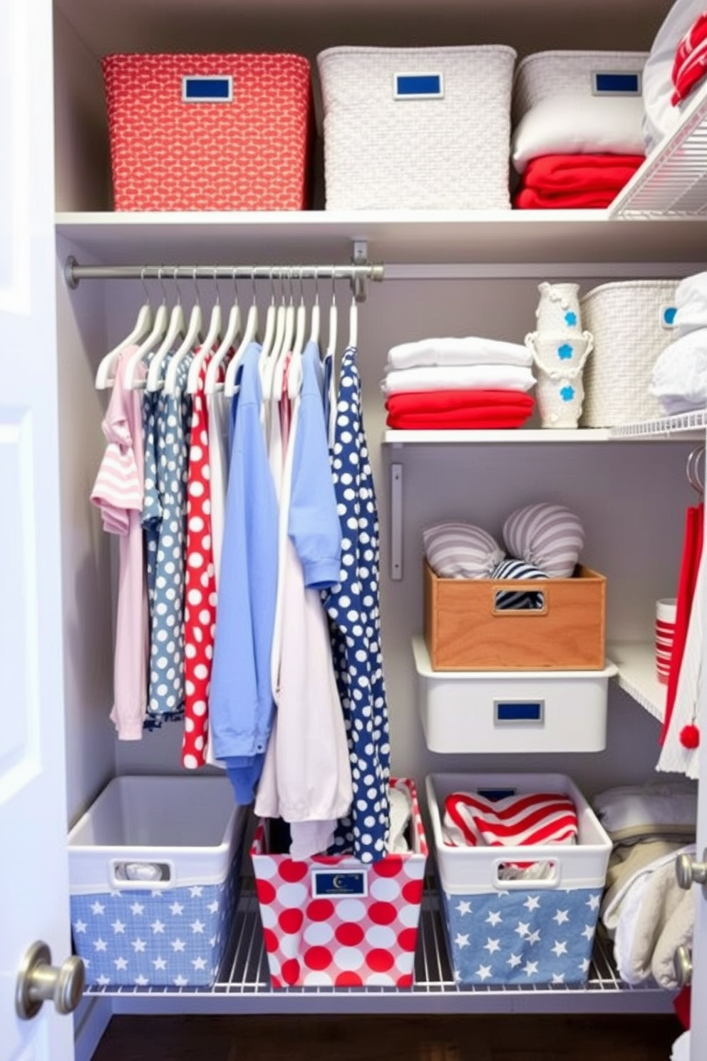 Color coordinated hangers in soft pastels create a visually appealing and organized closet. Shelves are neatly arranged with seasonal clothing, and small decorative bins are used for accessories. Memorial Day closet decorating ideas include incorporating red, white, and blue elements to celebrate the holiday. A patriotic theme can be enhanced with themed storage solutions and decorative accents that reflect the spirit of the occasion.