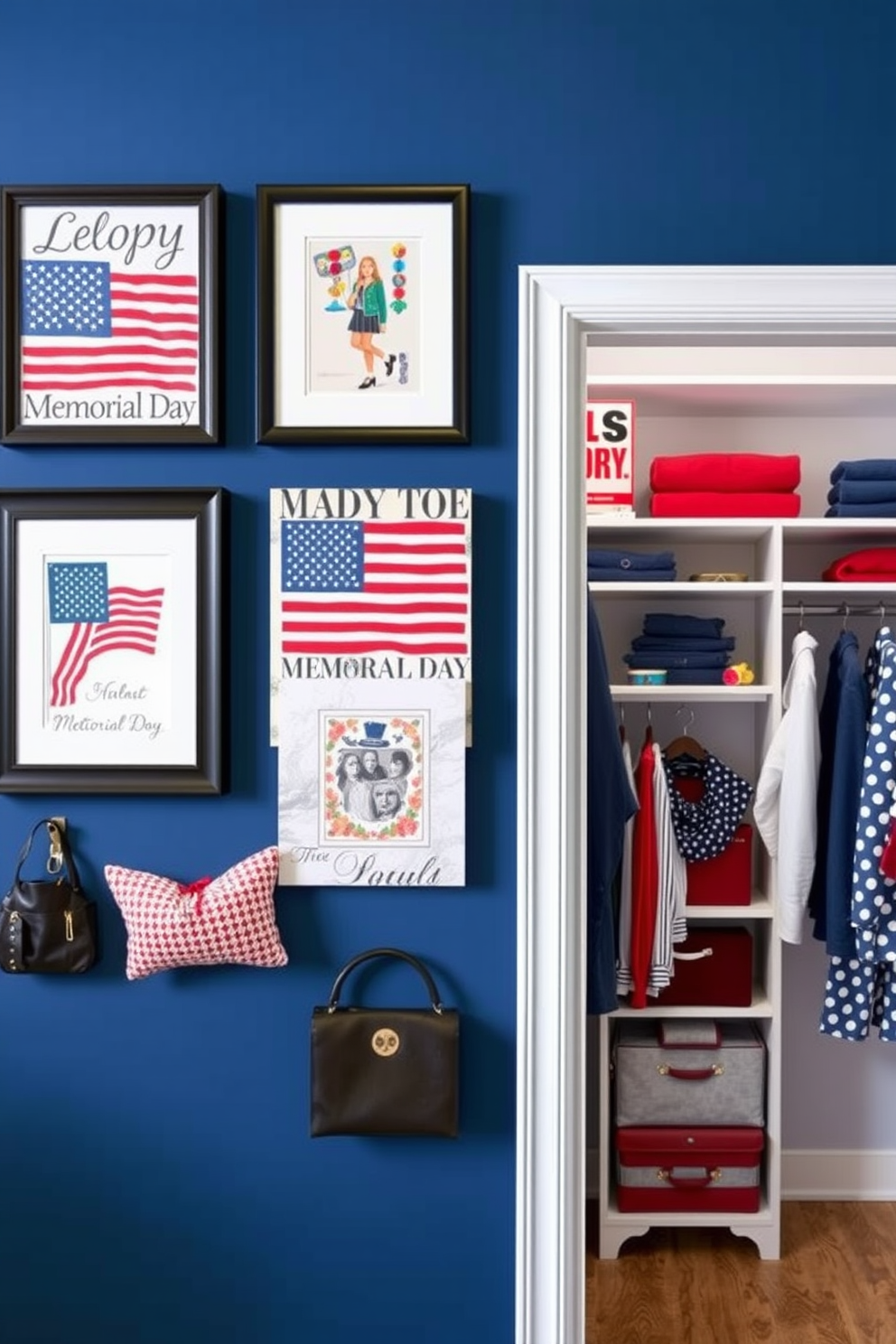 A striking display of wall art featuring patriotic themes that celebrate Memorial Day. The artwork includes a mix of framed prints and canvas pieces showcasing the American flag and other symbols of national pride. Incorporate a stylish closet design that reflects personal taste while honoring the spirit of the holiday. Use red, white, and blue accents along with thoughtful organization to create a functional yet festive space.