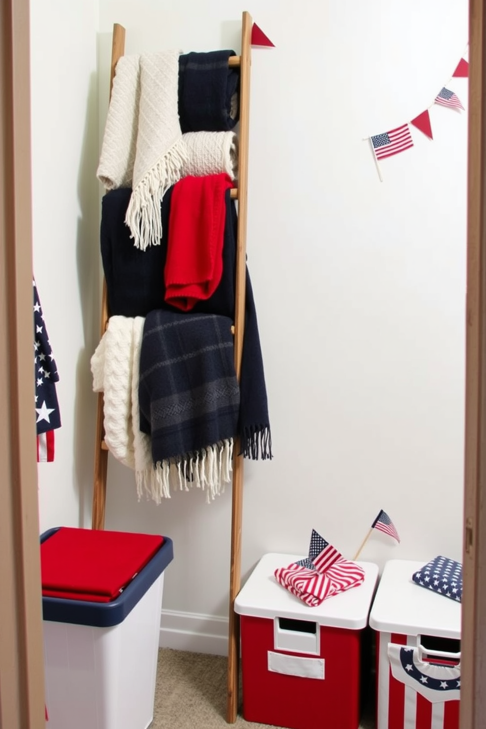 A decorative ladder is positioned against a wall, showcasing an array of cozy blankets in various textures and colors. The ladder adds a rustic charm to the space, enhancing the overall aesthetic while providing a practical solution for blanket storage. For a Memorial Day closet decorating idea, the closet features a clean and organized layout with red white and blue accents. Seasonal decorations such as small flags and themed storage bins create a festive atmosphere while keeping the space functional.