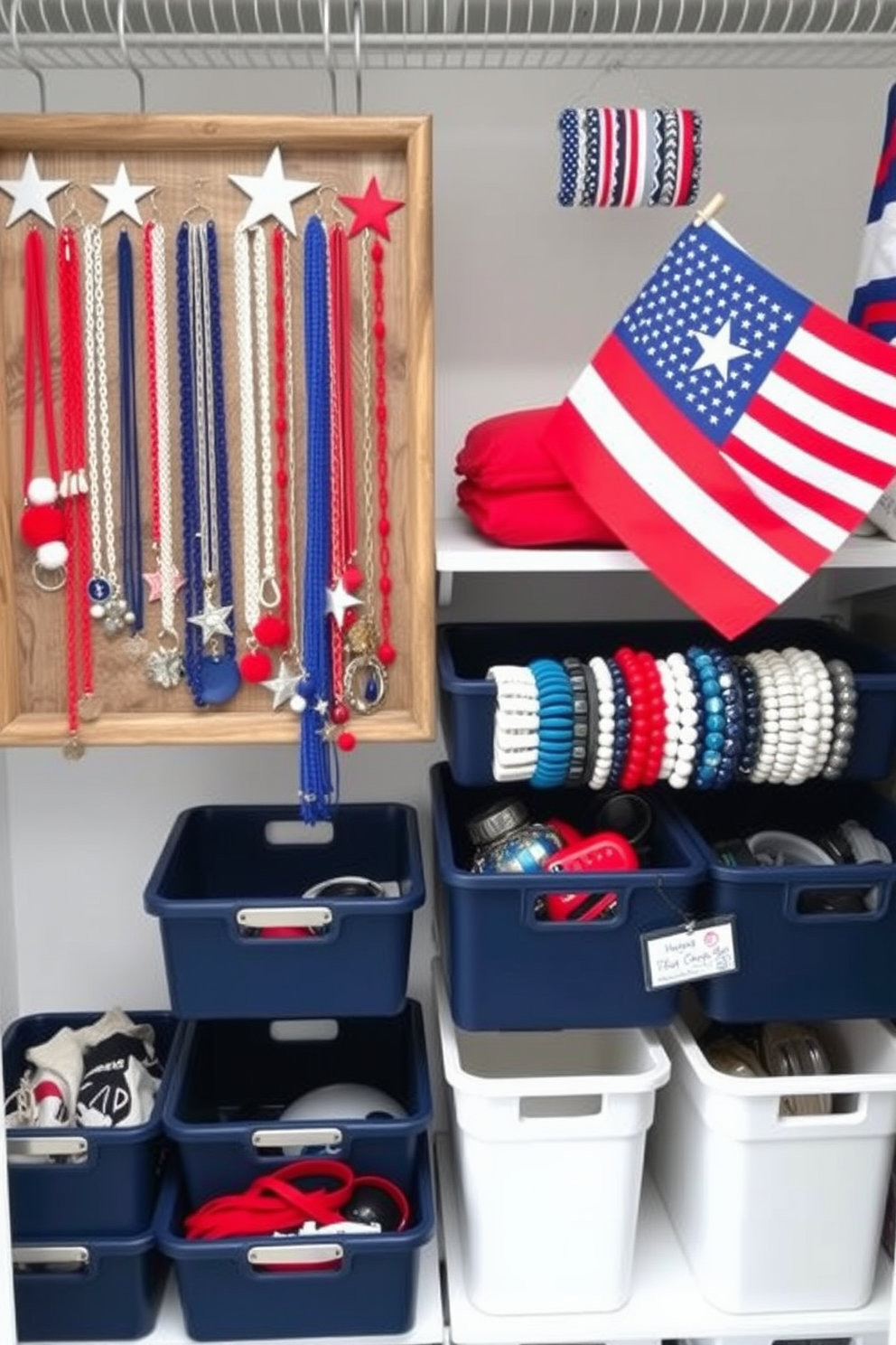 A seasonal themed jewelry display featuring red white and blue accents. The display includes a rustic wooden tray adorned with star shaped decorations and a variety of necklaces bracelets and earrings in patriotic colors. Memorial Day closet decorating ideas showcasing a clean organized space. Use storage bins in navy blue and white to hold accessories while adding a small flag for a festive touch.