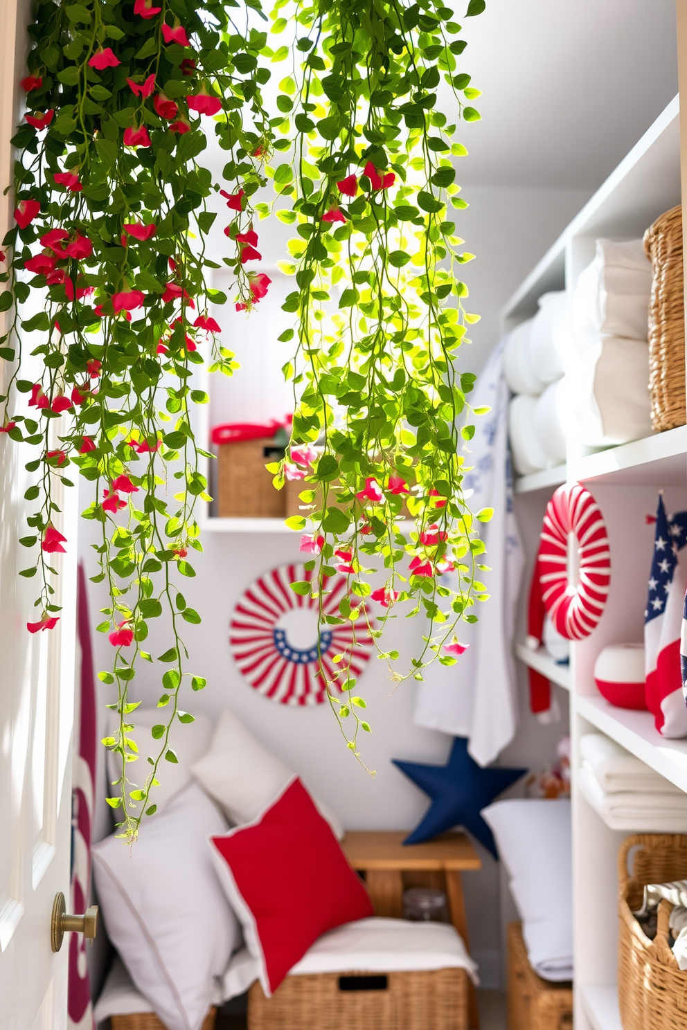 Hanging plants gracefully cascade from the ceiling, adding a vibrant touch of greenery to the room. The natural light filters through the leaves, creating a serene and refreshing atmosphere. For Memorial Day, the closet is adorned with red, white, and blue accents, showcasing patriotic decor and seasonal touches. Soft linens and woven baskets are neatly arranged, providing both style and functionality in the festive space.