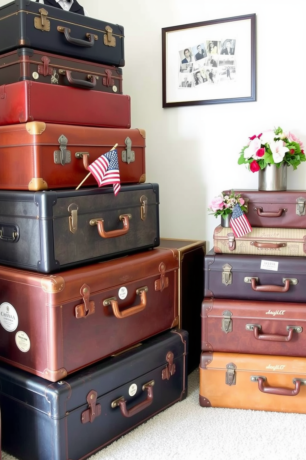 A collection of vintage suitcases stacked artfully in a corner of the room serves as both stylish storage and a unique decorative element. The suitcases are in various sizes and colors, showcasing their worn leather and faded travel stickers, adding character to the space. Incorporate Memorial Day themes by placing small American flags and seasonal flowers in and around the suitcases. This creates a festive yet elegant look, perfect for celebrating the holiday while maintaining a chic aesthetic in your closet.