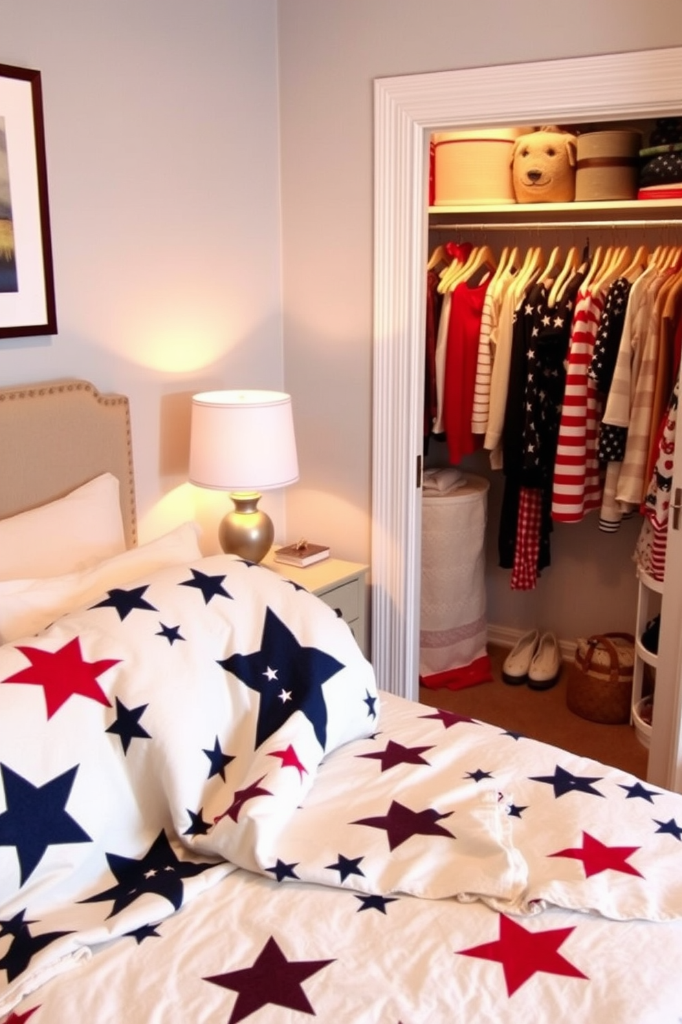 A cozy bedroom featuring star patterned blankets draped over a neatly made bed. The blankets provide warmth and a touch of whimsy, complementing the soft lighting from a bedside lamp. A stylish closet space designed for Memorial Day celebrations. The closet is organized with seasonal decorations and outfits, showcasing a blend of red, white, and blue accents for a festive touch.