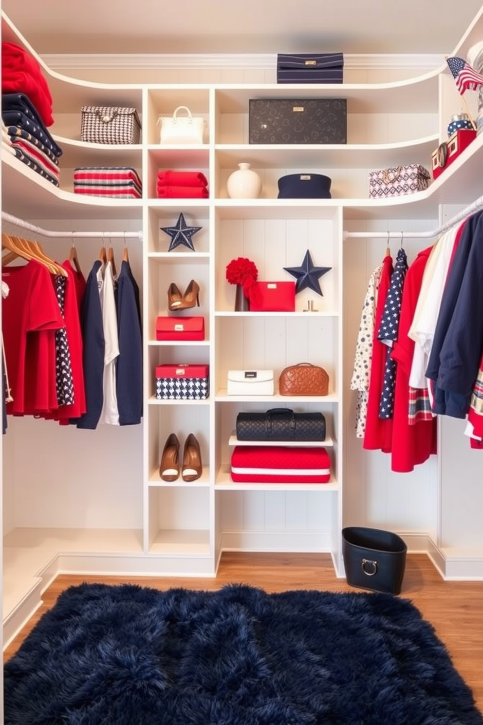 A chic closet space designed for Memorial Day featuring a seasonal color palette of red white and blue. The walls are adorned with soft white shelving that displays neatly folded clothes in vibrant colors and stylish accessories. Incorporate decorative elements such as star-shaped accents and small flags for a festive touch. A plush navy blue rug lies underfoot adding warmth and comfort to the space.