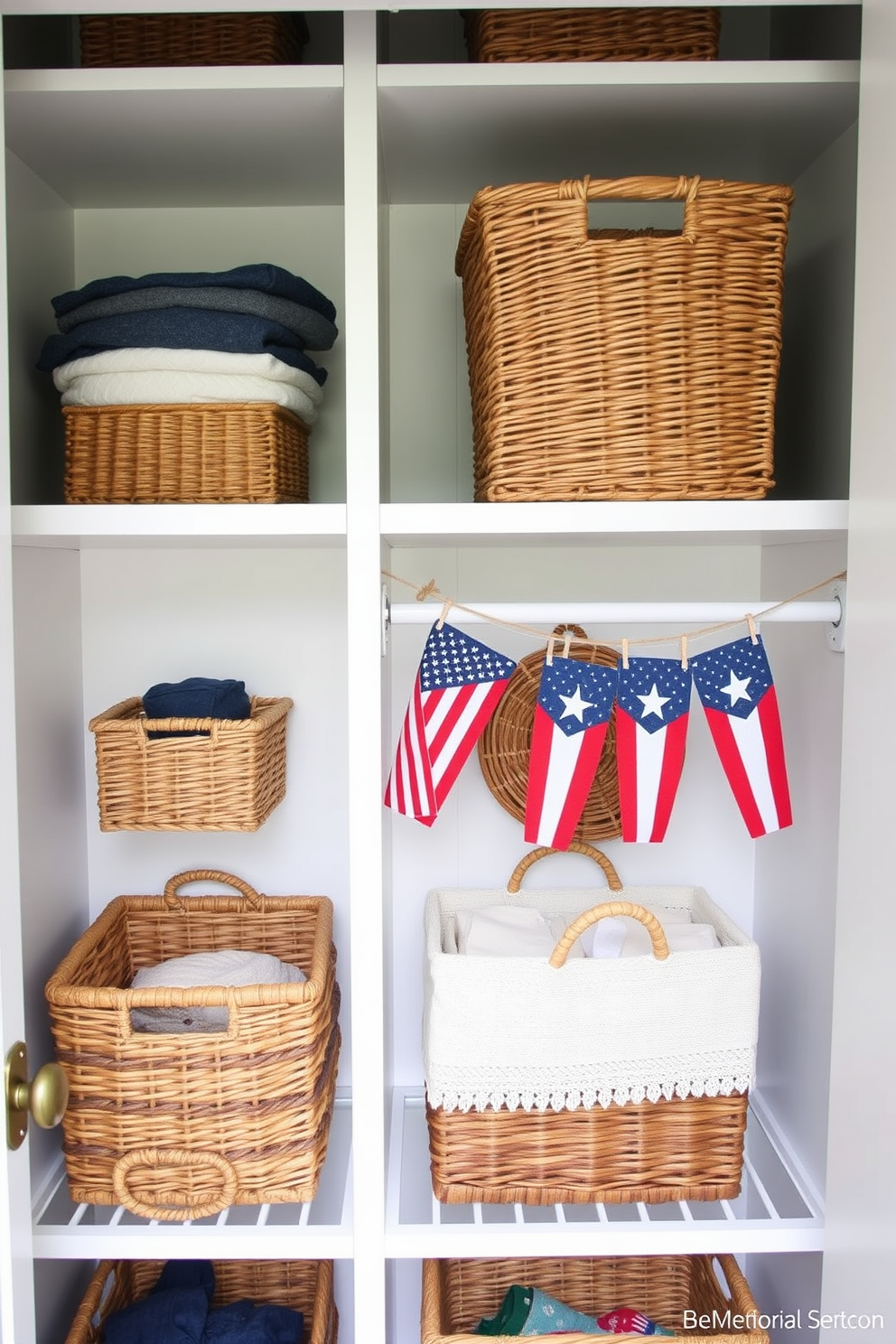 Create a cozy and organized closet space using decorative baskets to store various items. The baskets should be woven with natural materials and placed on shelves to add texture and warmth to the closet. Incorporate a color palette of red white and blue to celebrate Memorial Day. Hang small flags or patriotic-themed decor alongside the baskets to enhance the festive atmosphere.