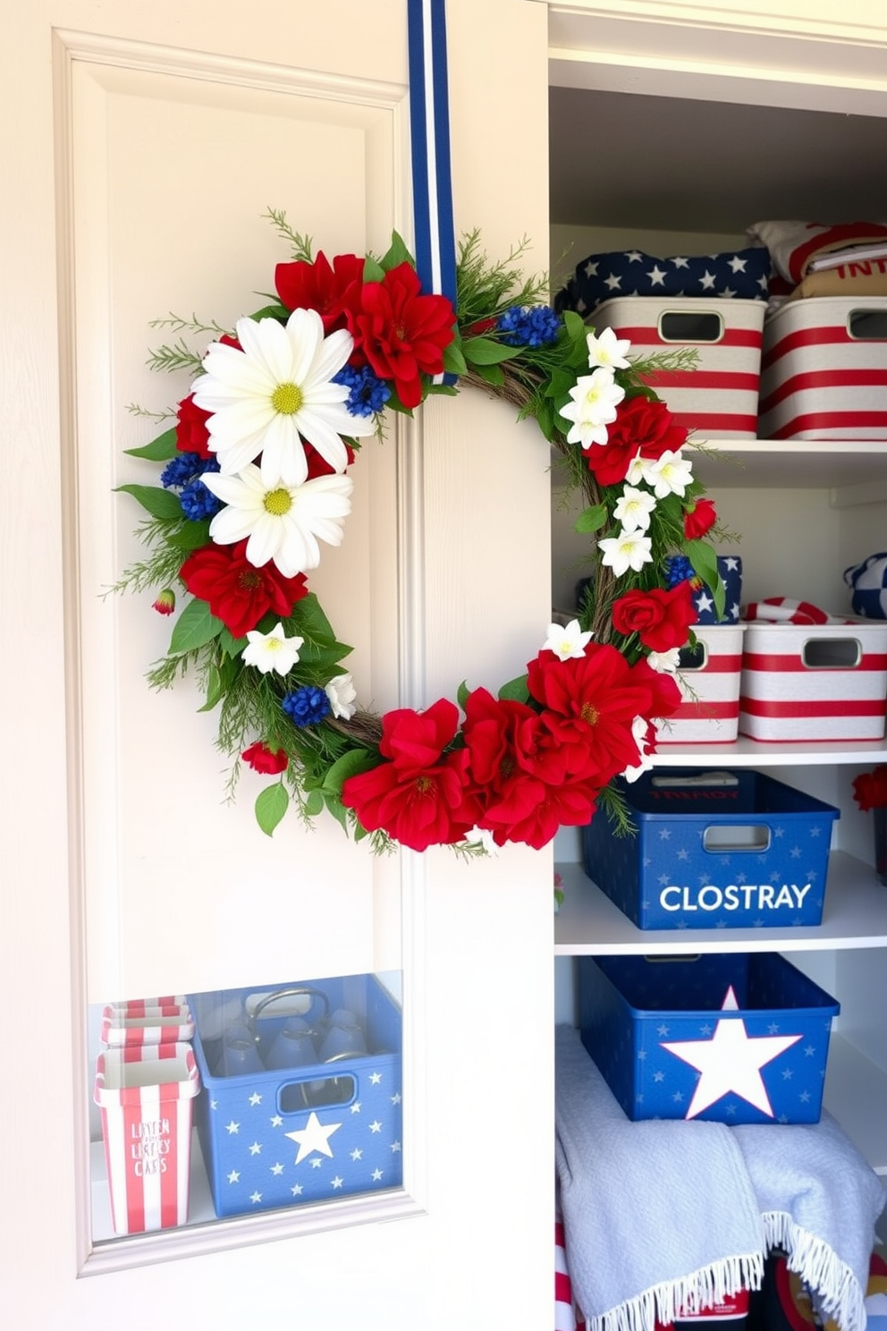 A beautifully crafted seasonal wreath adorns the closet door, featuring vibrant red, white, and blue flowers that celebrate Memorial Day. The closet interior is organized with patriotic-themed decor, including themed storage bins and a cozy throw blanket draped over a shelf.