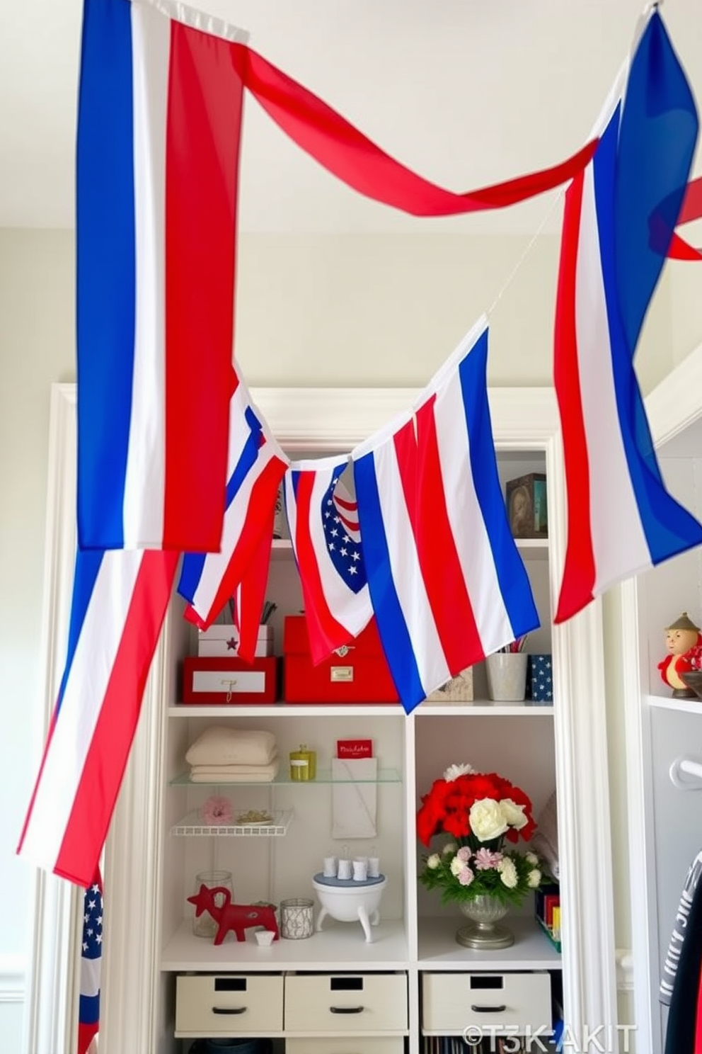 Hanging flags in vibrant colors are draped elegantly across the room, creating a festive atmosphere for Memorial Day celebrations. The flags flutter gently in the breeze, adding a sense of joy and patriotism to the space. The closet is transformed into a charming display of red, white, and blue, with neatly organized shelves showcasing themed accessories. Decorative elements such as star-shaped ornaments and seasonal flowers enhance the festive spirit within the closet.