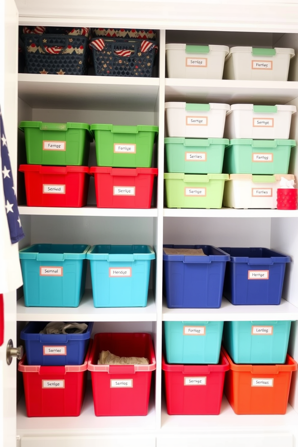 Colorful storage bins are arranged neatly on open shelves, providing a vibrant and organized look to the closet. Each bin is labeled for easy access, making it simple to find seasonal items and accessories. The closet features patriotic decor, with red, white, and blue accents that celebrate Memorial Day. Soft lighting highlights the cheerful colors of the storage bins, creating an inviting and functional space.