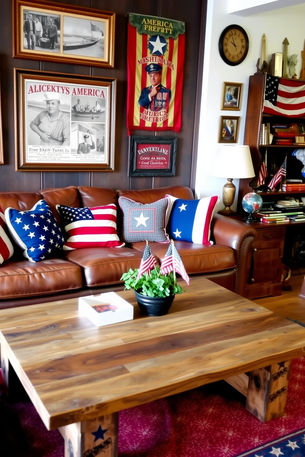 A cozy living room featuring vintage Americana decor accents. The space includes a weathered leather sofa adorned with red, white, and blue throw pillows, and a rustic coffee table made from reclaimed wood. The walls are decorated with framed vintage posters and photographs that celebrate American history. A collection of antique flags and memorabilia is displayed on a nearby shelf, adding character to the room.