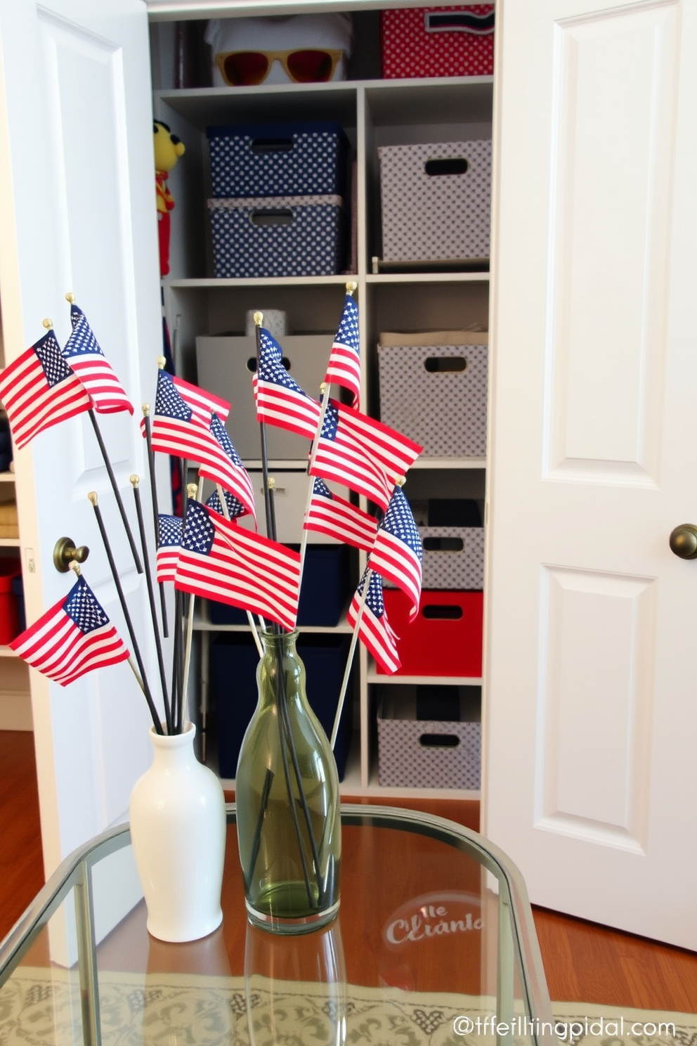 A collection of miniature flags is arranged in decorative vases, adding a festive touch to the space. The vases are placed on a stylish console table, creating a welcoming atmosphere for Memorial Day celebrations. The closet features a clever organization system with decorative bins and shelves. Each section is color-coordinated, ensuring a visually appealing and functional design.