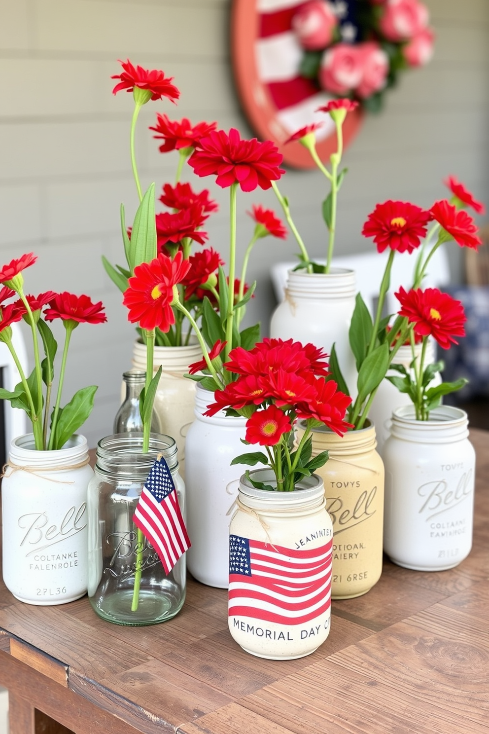 A collection of decorative jars filled with vibrant red flowers arranged on a rustic wooden table. The jars vary in size and shape, creating an eye-catching display that celebrates Memorial Day with a festive and patriotic touch.