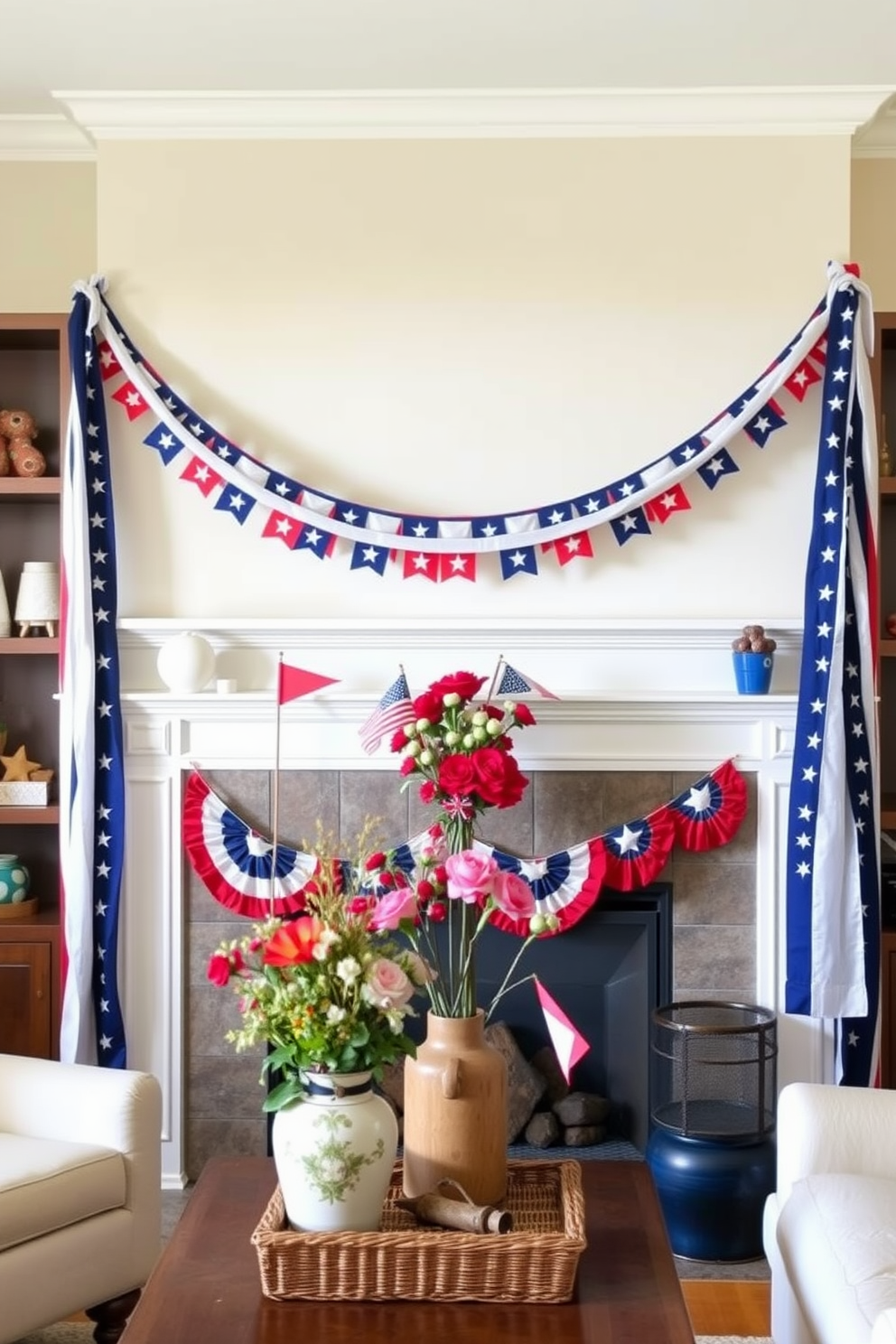 A festive living room adorned with star spangled bunting draped elegantly across the mantel. The mantel is decorated with red white and blue accents including small flags and seasonal flowers in a rustic vase.