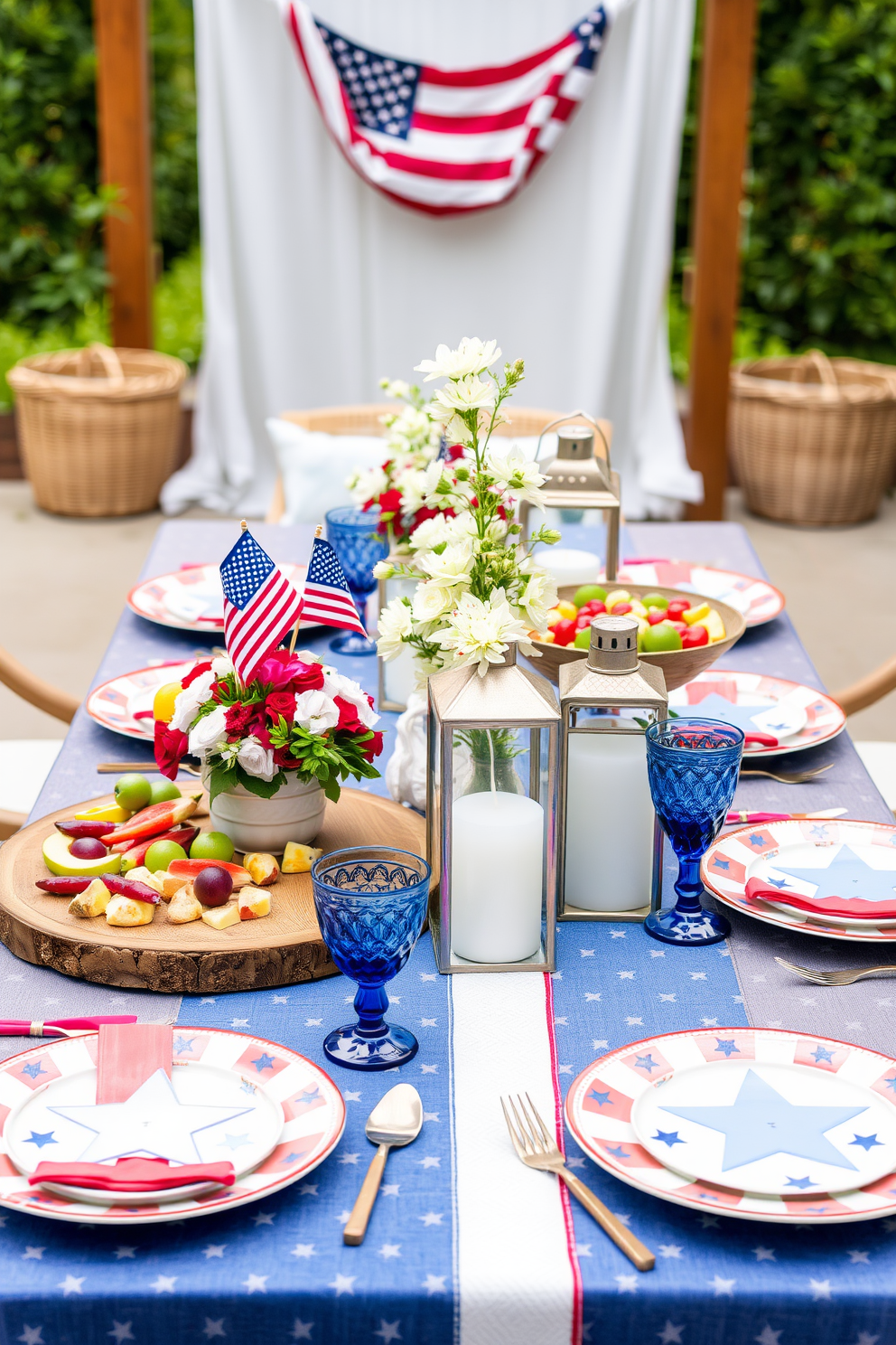 A festive Independence Day inspired table setting featuring red white and blue tableware. The table is adorned with star patterned plates and matching napkins alongside decorative centerpieces of small American flags and fresh flowers. A patriotic Memorial Day decorating idea showcasing a beautifully arranged outdoor picnic table. The table is decorated with rustic wooden platters filled with seasonal fruits and salads complemented by woven baskets and lanterns for a cozy ambiance.