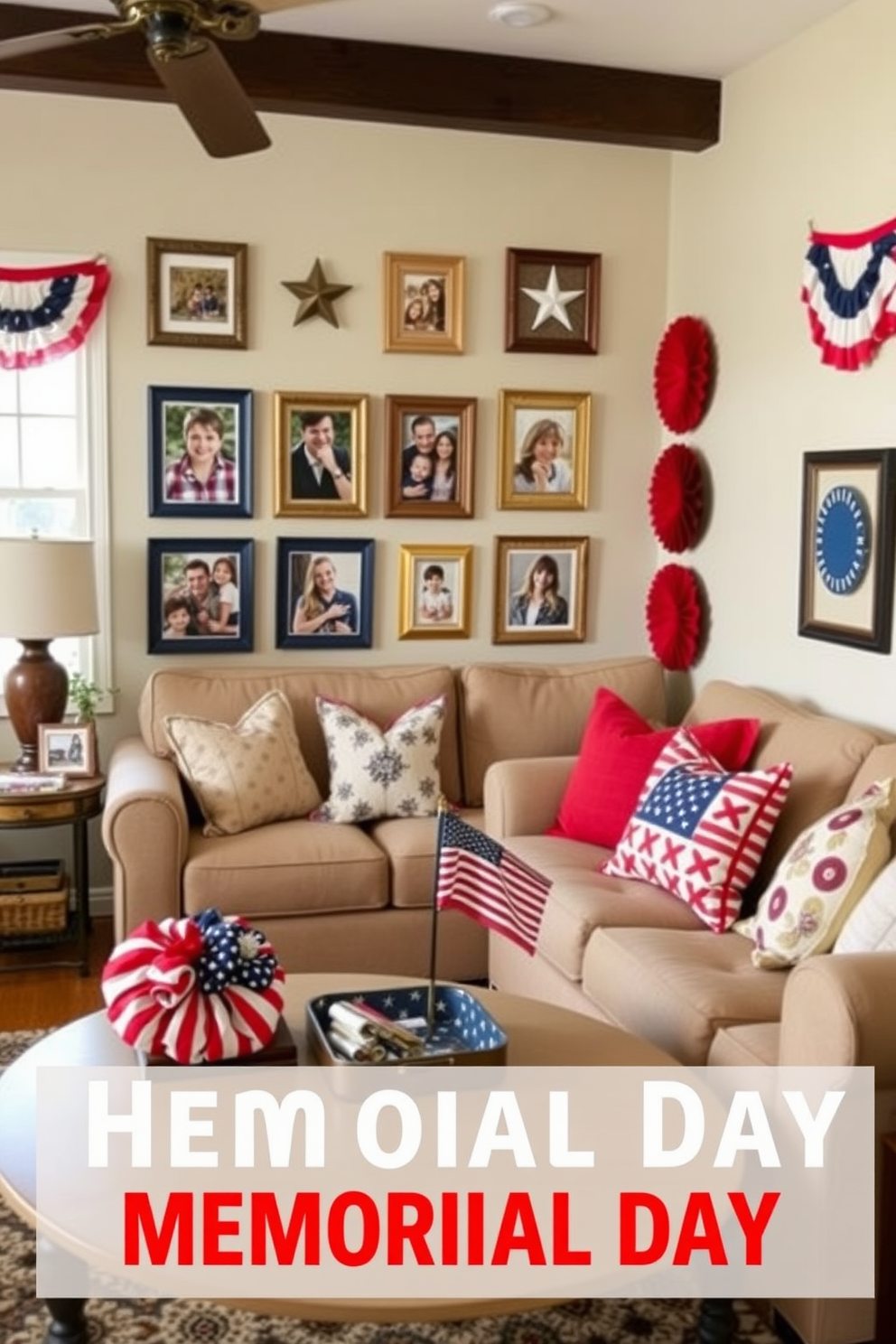 Create a warm and inviting living room that showcases patriotic photo frames filled with family pictures. The walls are adorned with red white and blue decorations while a cozy sofa is positioned near a coffee table displaying themed decor for Memorial Day.