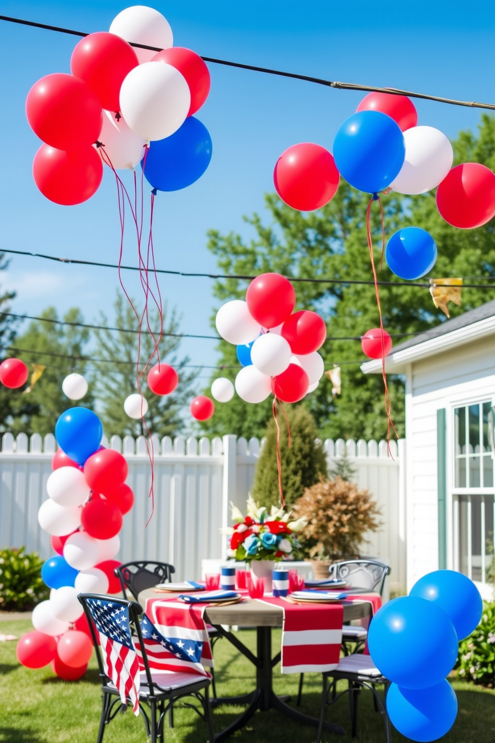 Create a festive outdoor scene adorned with vibrant red, white, and blue balloons that float gracefully in the breeze. Incorporate these colors into table settings and decorative elements to celebrate Memorial Day with a patriotic touch.