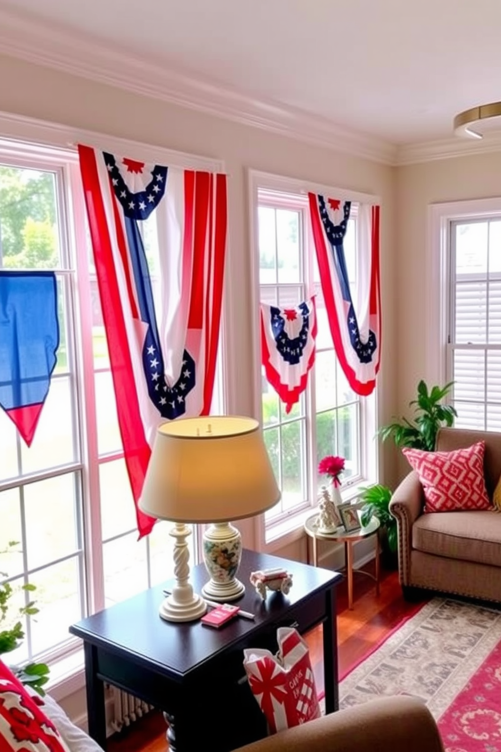 A vibrant living room adorned with festive banners hanging from the windows. The banners feature patriotic colors of red, white, and blue, creating a cheerful atmosphere for Memorial Day celebrations.