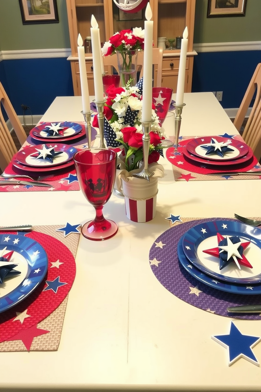 A vibrant dining table set with colorful placemats adorned with stars creates a festive atmosphere for Memorial Day celebrations. The placemats are complemented by red, white, and blue dinnerware, enhancing the patriotic theme of the setting.