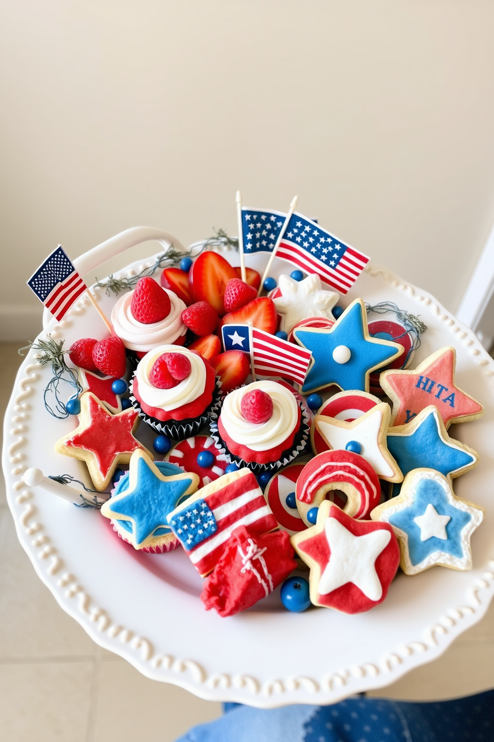 A beautifully arranged decorative tray featuring an assortment of themed snacks for Memorial Day. The tray includes red white and blue cupcakes fresh fruit and patriotic themed cookies artfully placed to create an inviting festive display.