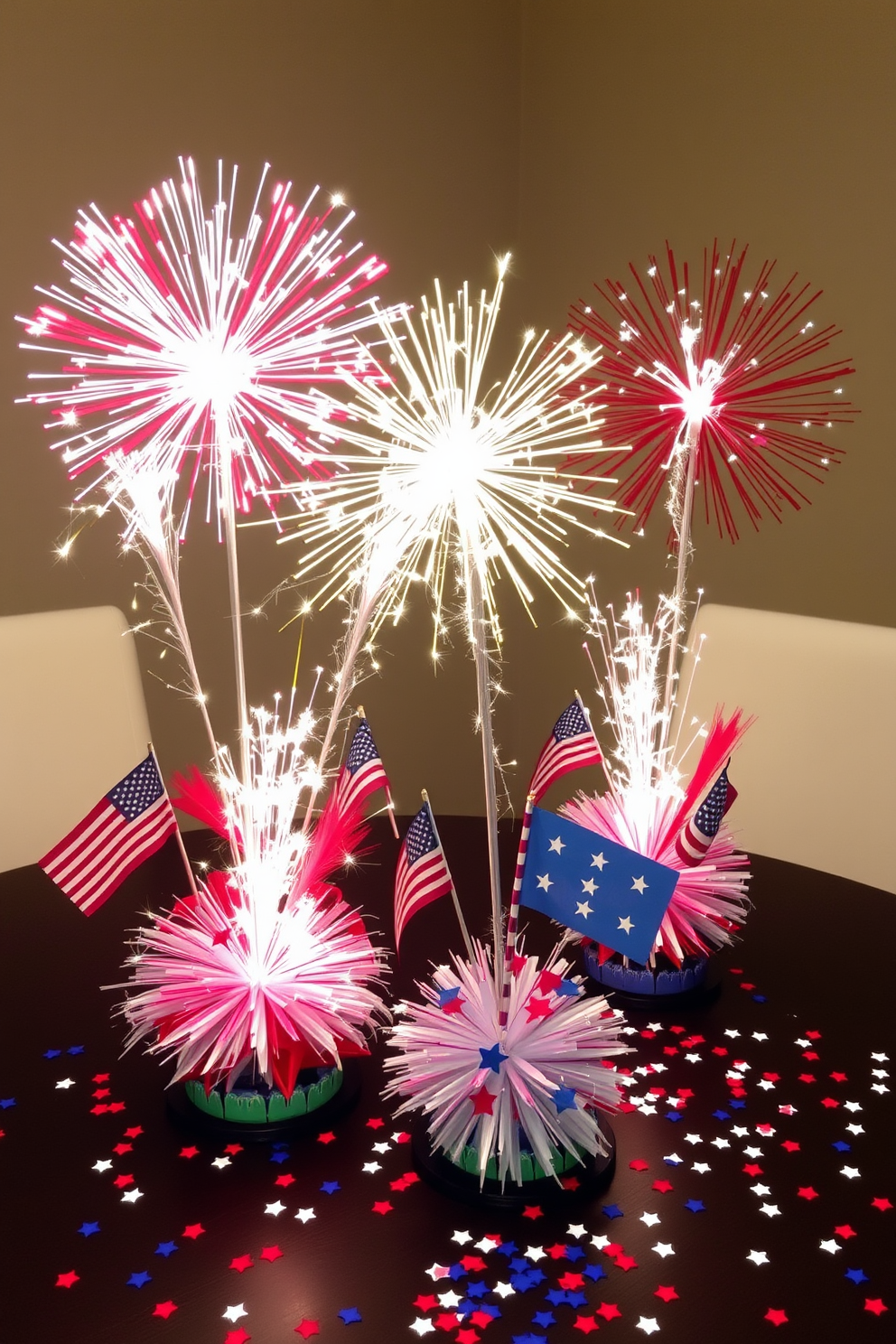 Tabletop fireworks centerpieces featuring vibrant colors and dynamic shapes create a festive atmosphere. Each centerpiece is designed with sparklers and faux fireworks bursting from a decorative base, surrounded by red, white, and blue accents. Incorporate small flags and star-shaped confetti to enhance the patriotic theme. These eye-catching displays will add flair to your Memorial Day celebrations while bringing a sense of joy and festivity to the table.