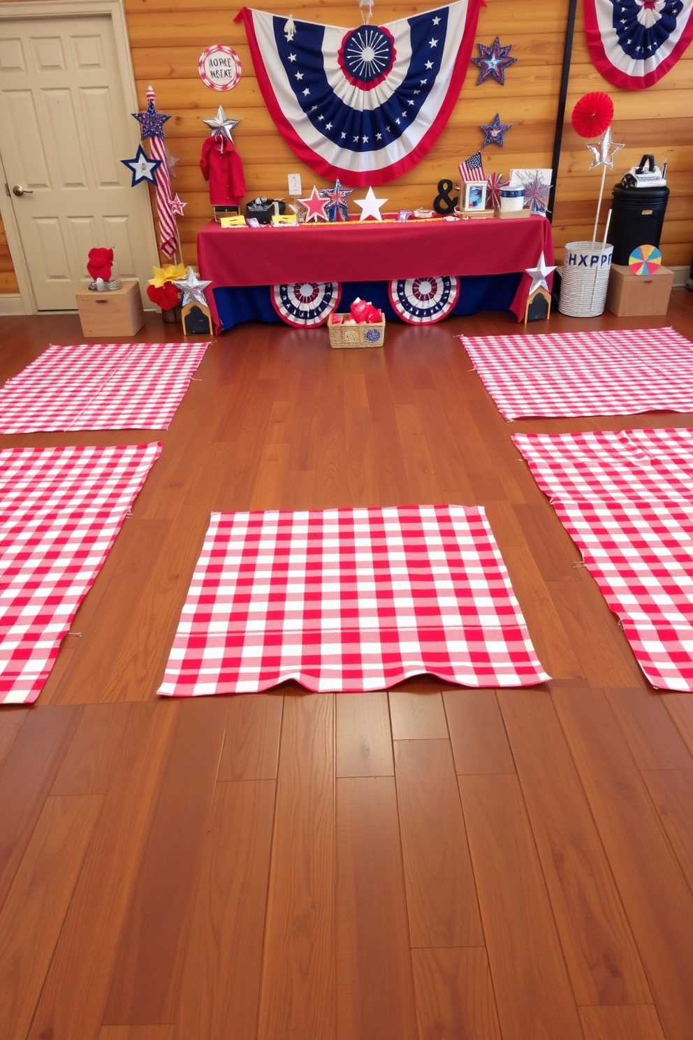 A cozy indoor picnic setting with red checkered picnic blankets spread across a large wooden floor. Surrounding the blankets are festive decorations featuring stars and stripes, celebrating Memorial Day.