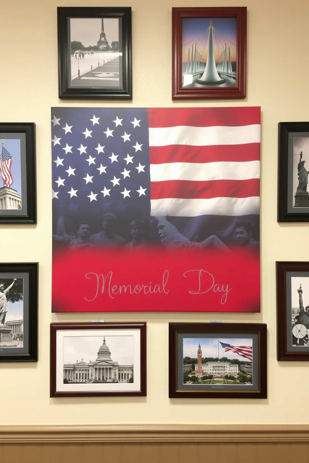 A patriotic themed wall art display features a large canvas with an artistic rendition of the American flag. Surrounding the canvas are framed prints of historical landmarks and symbols of freedom, creating a cohesive and meaningful tribute to Memorial Day.