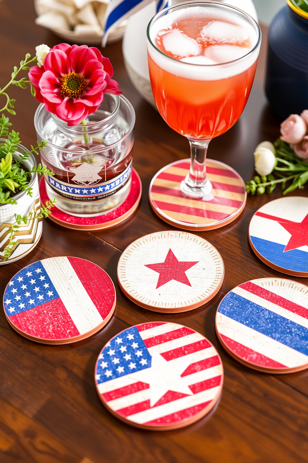 Patriotic themed coasters for drinks featuring vibrant red white and blue colors. Each coaster showcases iconic symbols such as stars and stripes along with subtle textures to enhance the design. Memorial Day decorating ideas that incorporate natural elements like fresh flowers and greenery. Use a combination of rustic and modern decor pieces to create a warm and inviting atmosphere.