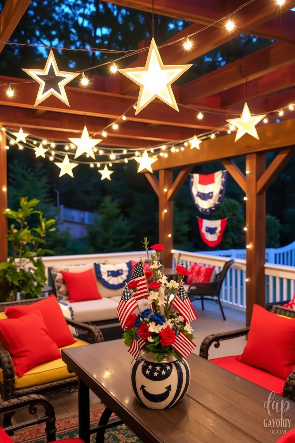 A cozy outdoor space adorned with star shaped string lights creating a warm and inviting ambiance. The lights are draped elegantly across a wooden pergola, casting a soft glow over a gathering area filled with comfortable seating and vibrant cushions. For Memorial Day, the decor features red, white, and blue accents throughout the space. Festive banners and small flags are placed on tables, while a centerpiece of fresh flowers in patriotic colors enhances the overall festive atmosphere.