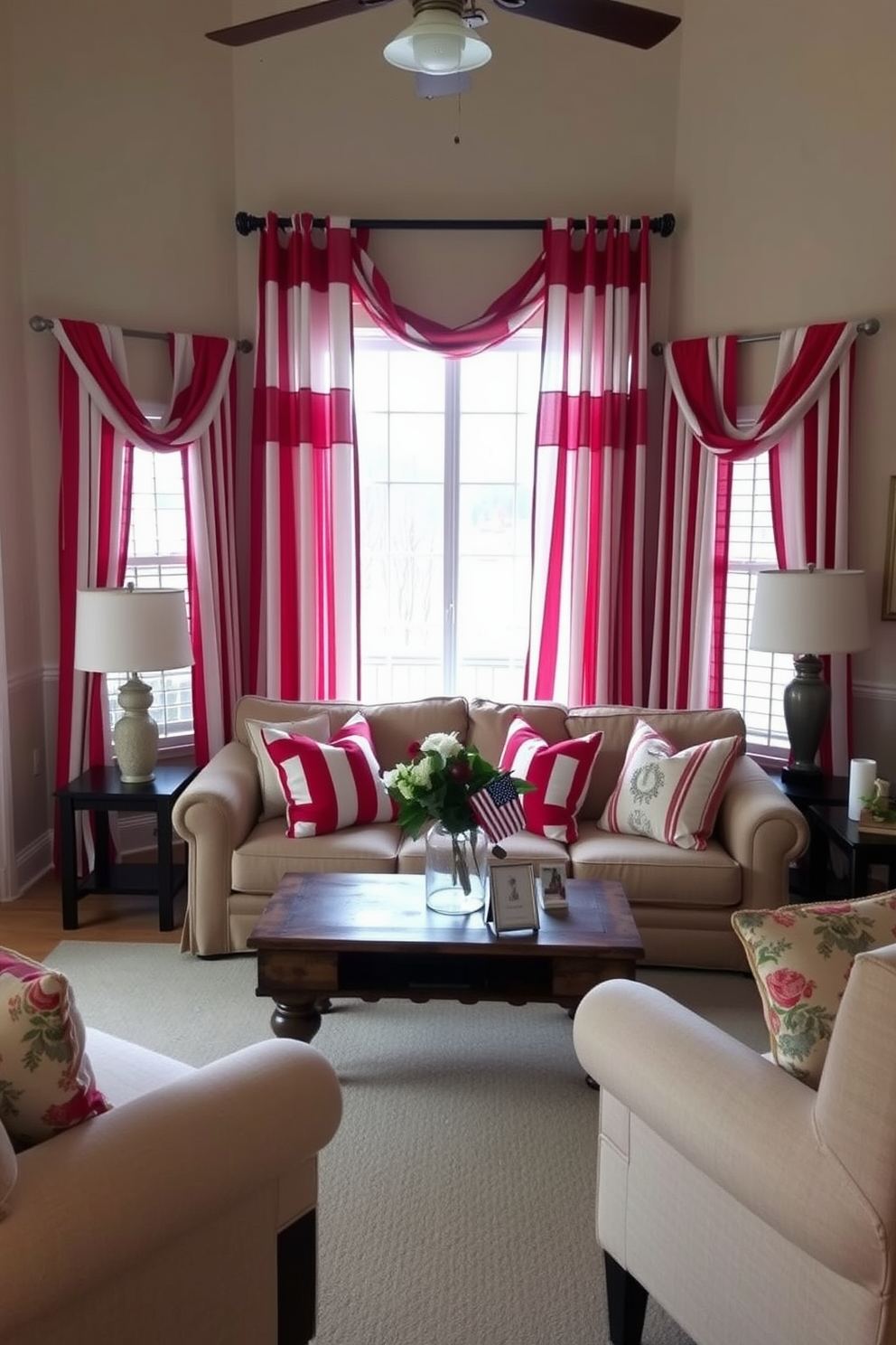 A cozy living room adorned with red and white striped curtains that gently frame the windows. The curtains cascade down to the floor, adding a festive touch to the space while complementing the neutral-toned walls and furniture. Decorative pillows in coordinating colors are arranged on a plush sofa, enhancing the patriotic theme. A rustic coffee table sits in the center, adorned with a small vase of fresh flowers and a few themed decorations for Memorial Day.