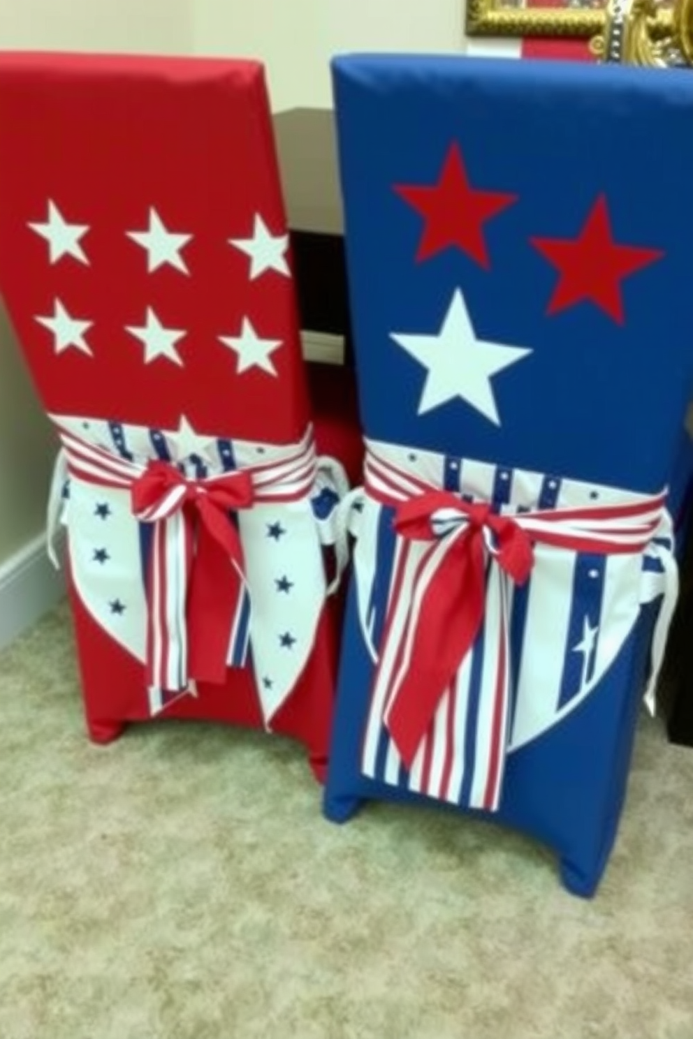 Patriotic themed dining chair covers are adorned with red white and blue fabrics featuring stars and stripes. These covers bring a festive touch to your dining area perfect for Memorial Day celebrations.