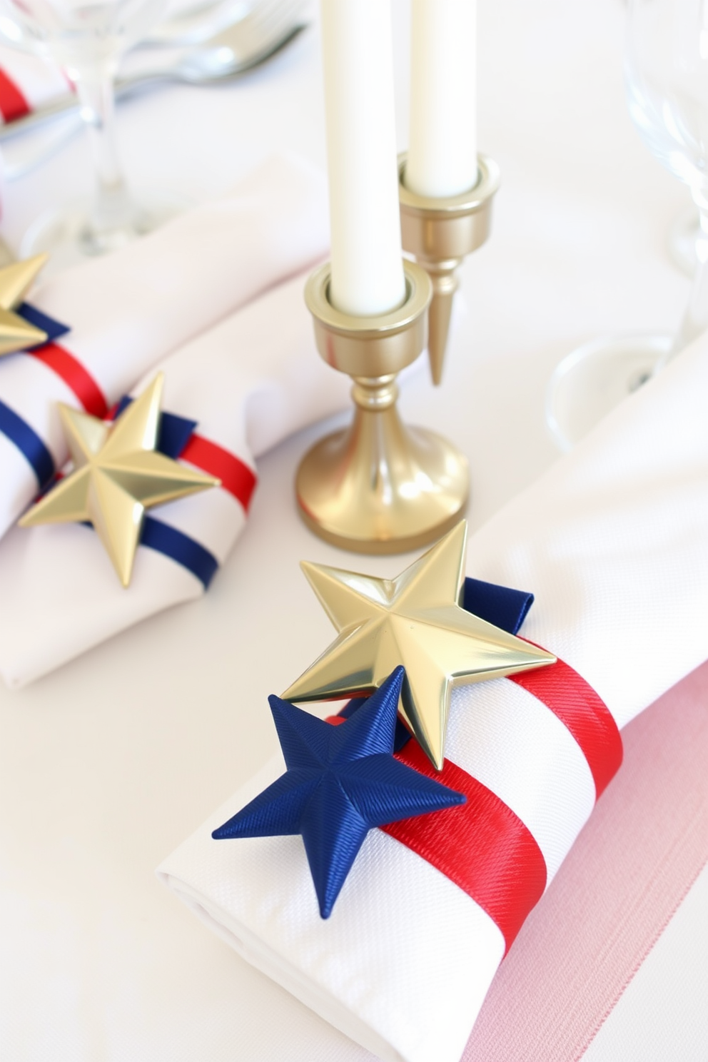 Create a festive table setting featuring elegant napkin rings adorned with stars. The napkin rings should be crafted from a mix of metallic and fabric materials, enhancing the patriotic theme of Memorial Day.