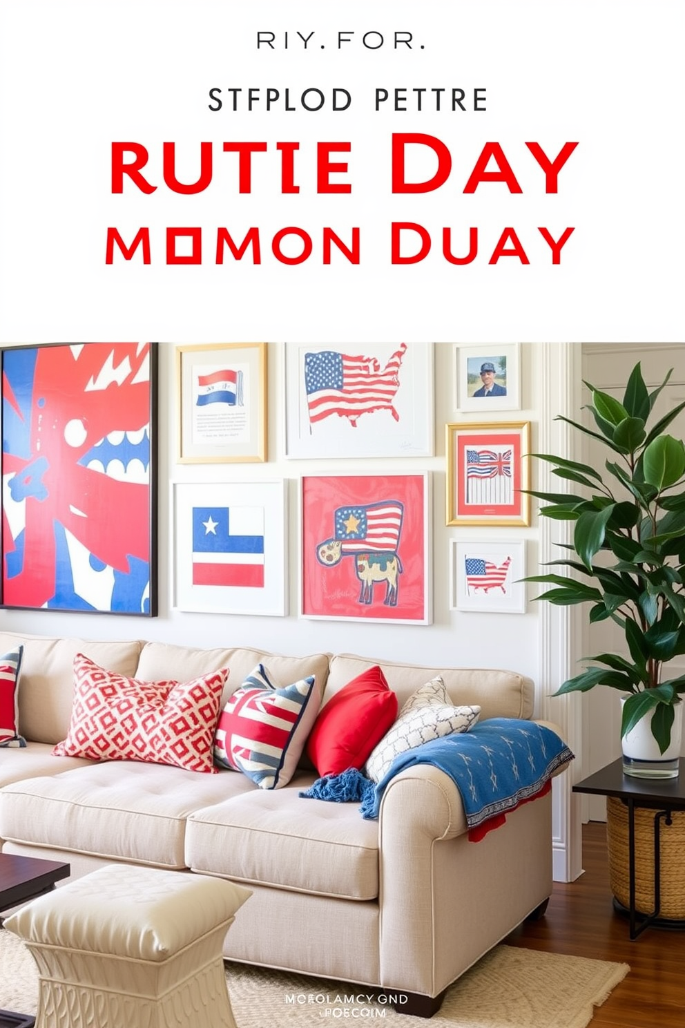 Create a vibrant living room featuring red white and blue themed art prints that celebrate Memorial Day. The walls are adorned with a mix of abstract and patriotic artwork, while a cozy sofa in a neutral tone complements the bold colors of the prints.