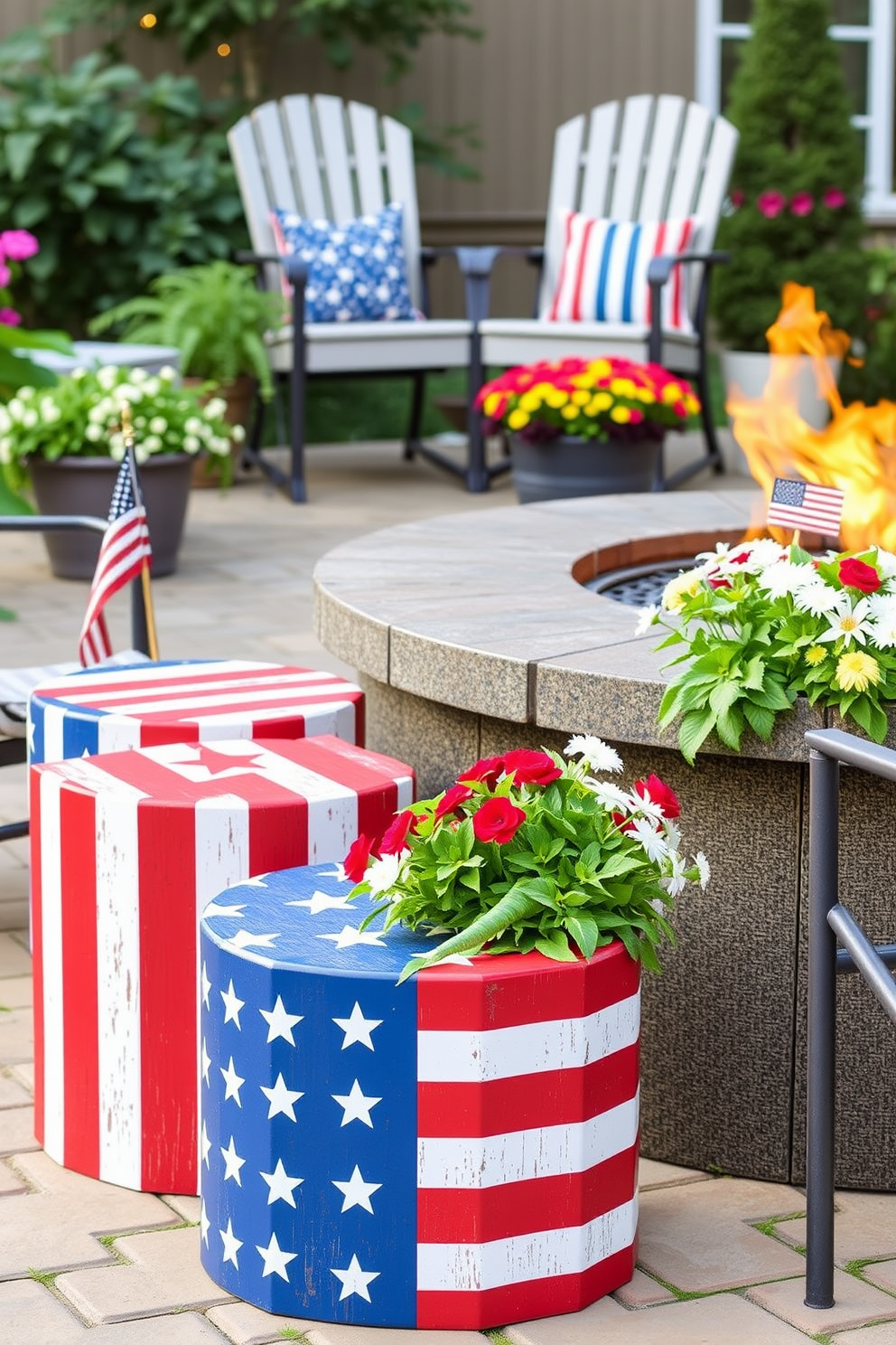 American flag themed garden stools create a festive and patriotic atmosphere in any outdoor space. The stools are designed with vibrant red, white, and blue colors, featuring stars and stripes that celebrate the spirit of Memorial Day. These decorative pieces can be paired with lush greenery and colorful flowers to enhance the overall aesthetic. Placing them around a fire pit or patio area encourages gathering and enjoyment during holiday celebrations.