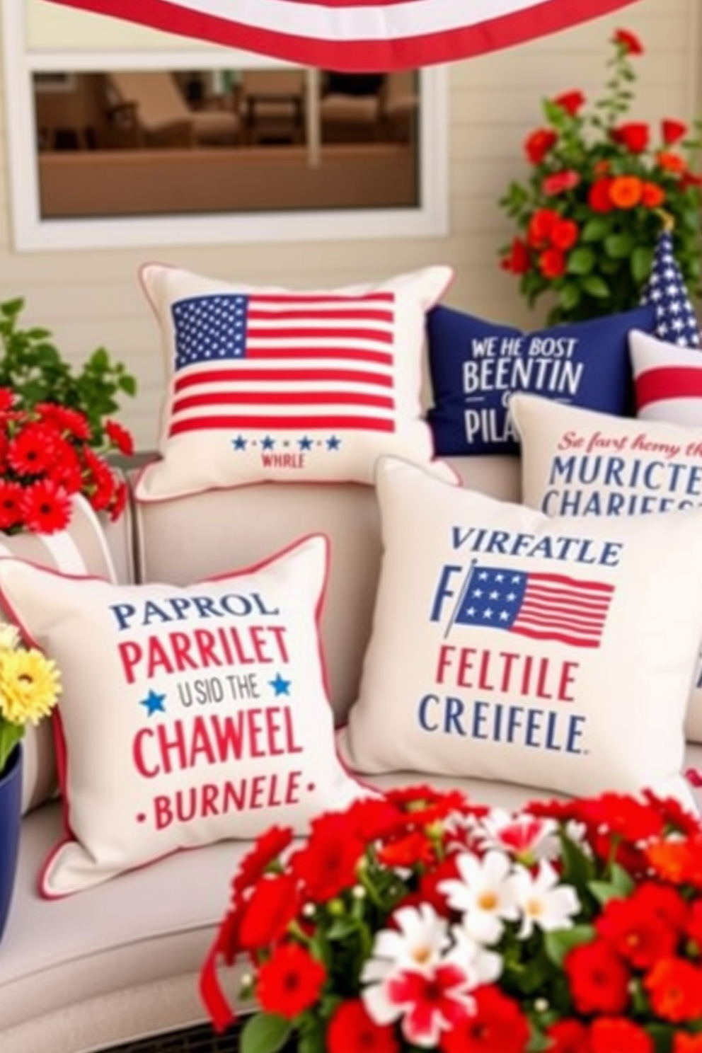 A collection of decorative pillows featuring patriotic quotes in a variety of fonts and colors. These pillows are arranged on a cozy outdoor sofa, surrounded by vibrant flowers and festive decor for a Memorial Day celebration.