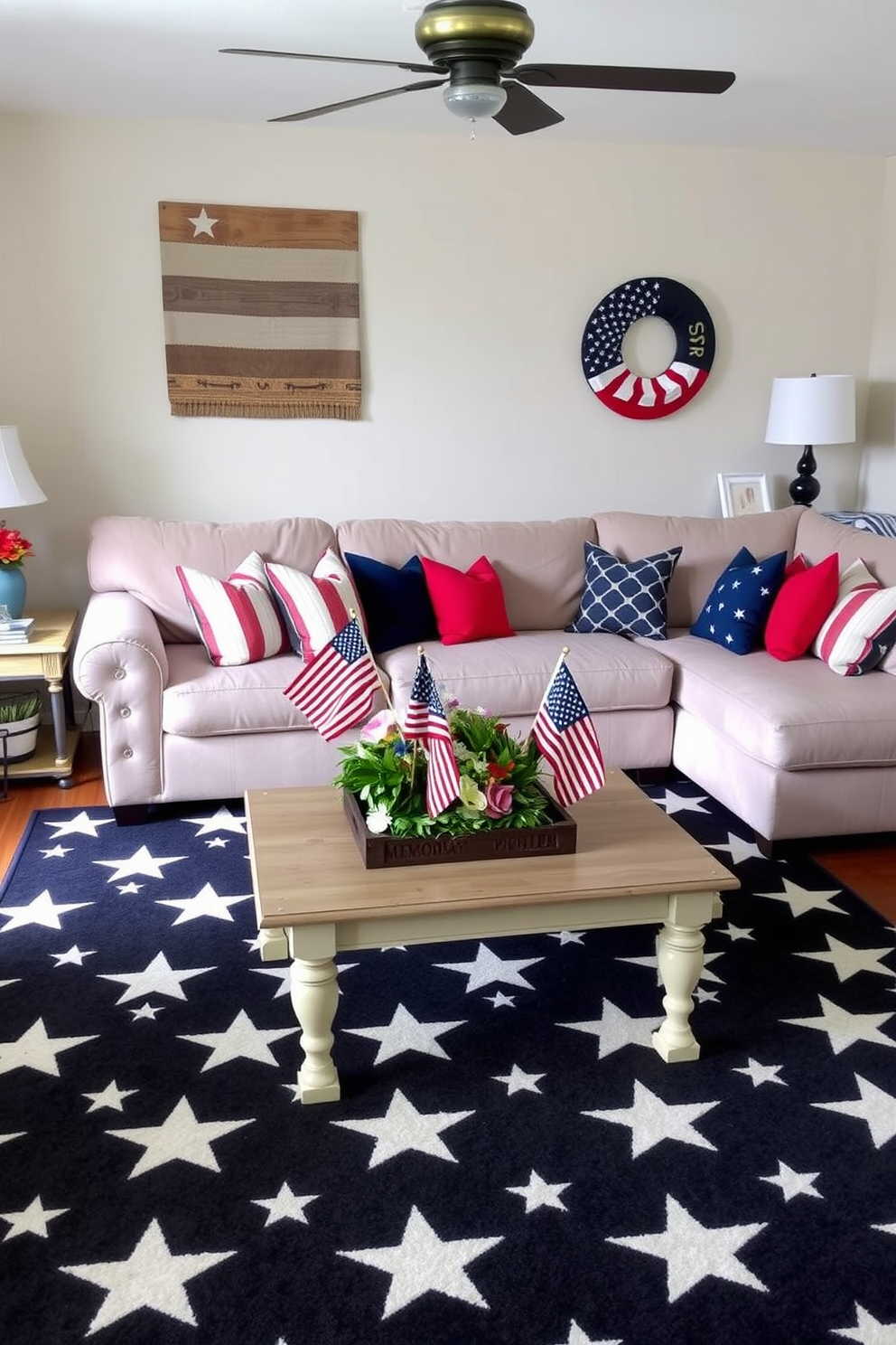 A cozy living area featuring a star patterned rug that adds a touch of whimsy to the space. The rug is complemented by a plush sectional sofa in a neutral color, surrounded by accent pillows in coordinating shades. For Memorial Day, the room is adorned with red, white, and blue decorations. A festive centerpiece on the coffee table includes small flags and seasonal flowers, creating a patriotic atmosphere.