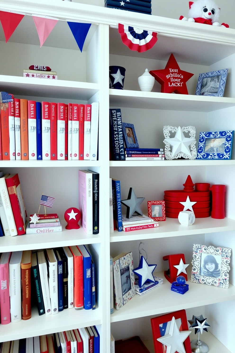 A themed bookshelf setting featuring red, white, and blue decor. The shelves are filled with a mix of books and decorative items, including small flags, star-shaped ornaments, and patriotic-themed picture frames.