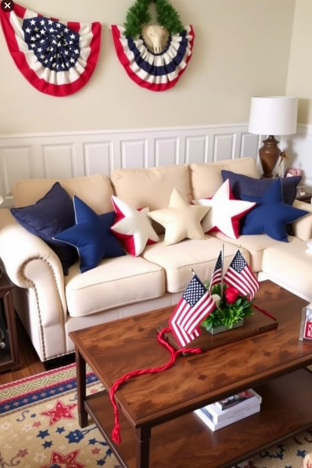 A cozy living room featuring a plush sofa adorned with star shaped pillows in red white and blue. The space is accented with festive decorations celebrating Memorial Day including a small flag centerpiece on the coffee table.