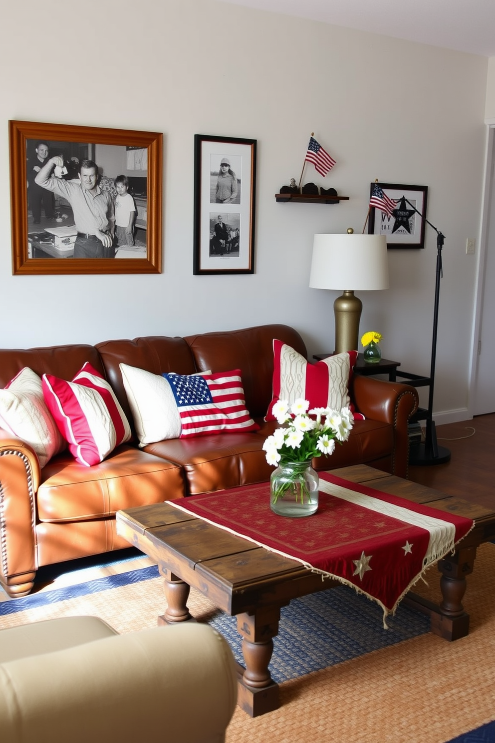 Create a cozy living room setting that celebrates Memorial Day with vintage American flags as decor. The room features a distressed leather sofa adorned with red and white throw pillows, and a rustic coffee table topped with a vintage flag and a bouquet of fresh daisies. On the walls, hang framed photographs of past Memorial Day celebrations alongside small American flags in decorative holders. A woven rug in navy blue anchors the space, while soft lighting from a floor lamp creates a warm and inviting atmosphere.