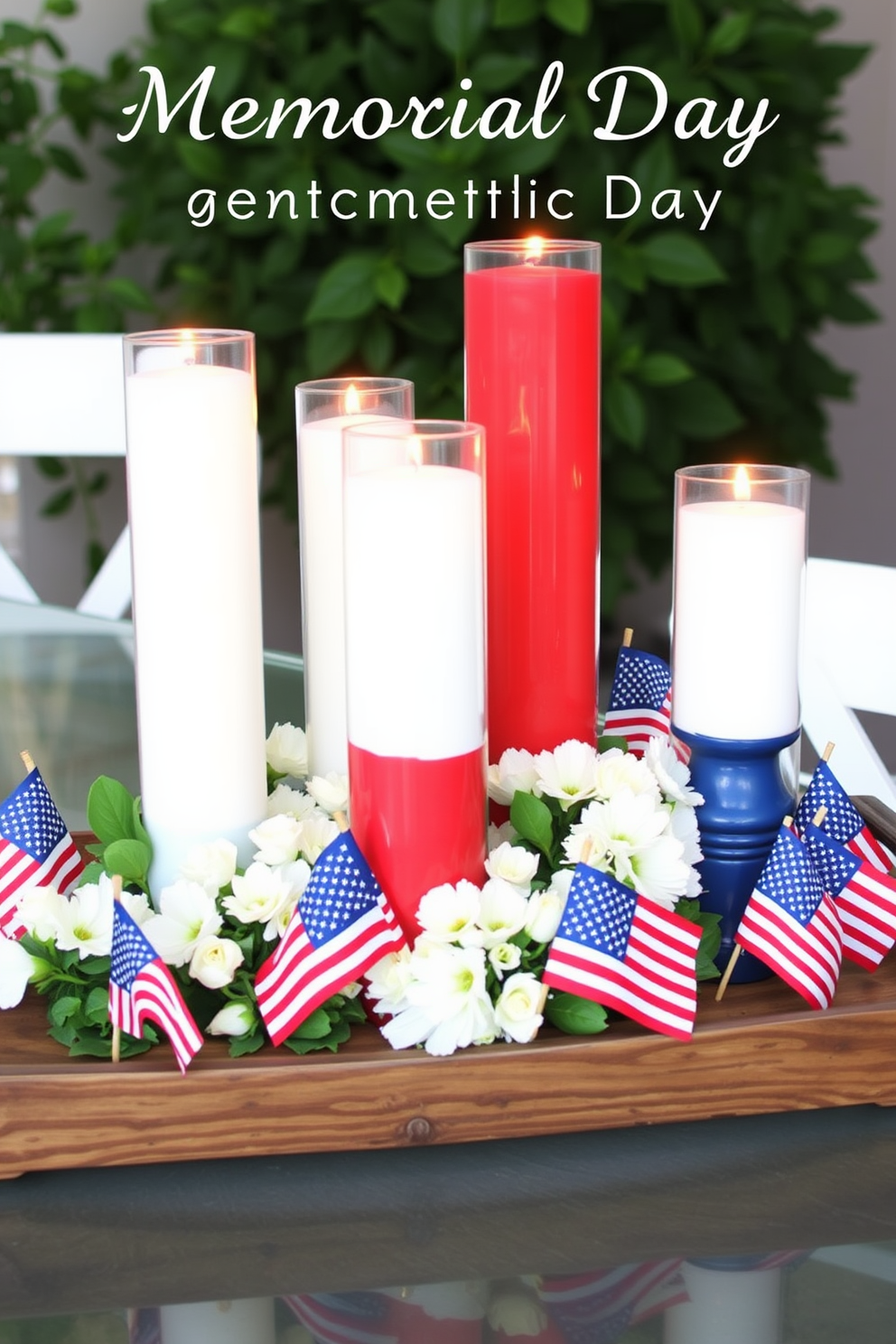 Create a festive centerpiece for Memorial Day using red white and blue candles of varying heights arranged on a rustic wooden tray. Surround the candles with small American flags and fresh white flowers to enhance the patriotic theme.