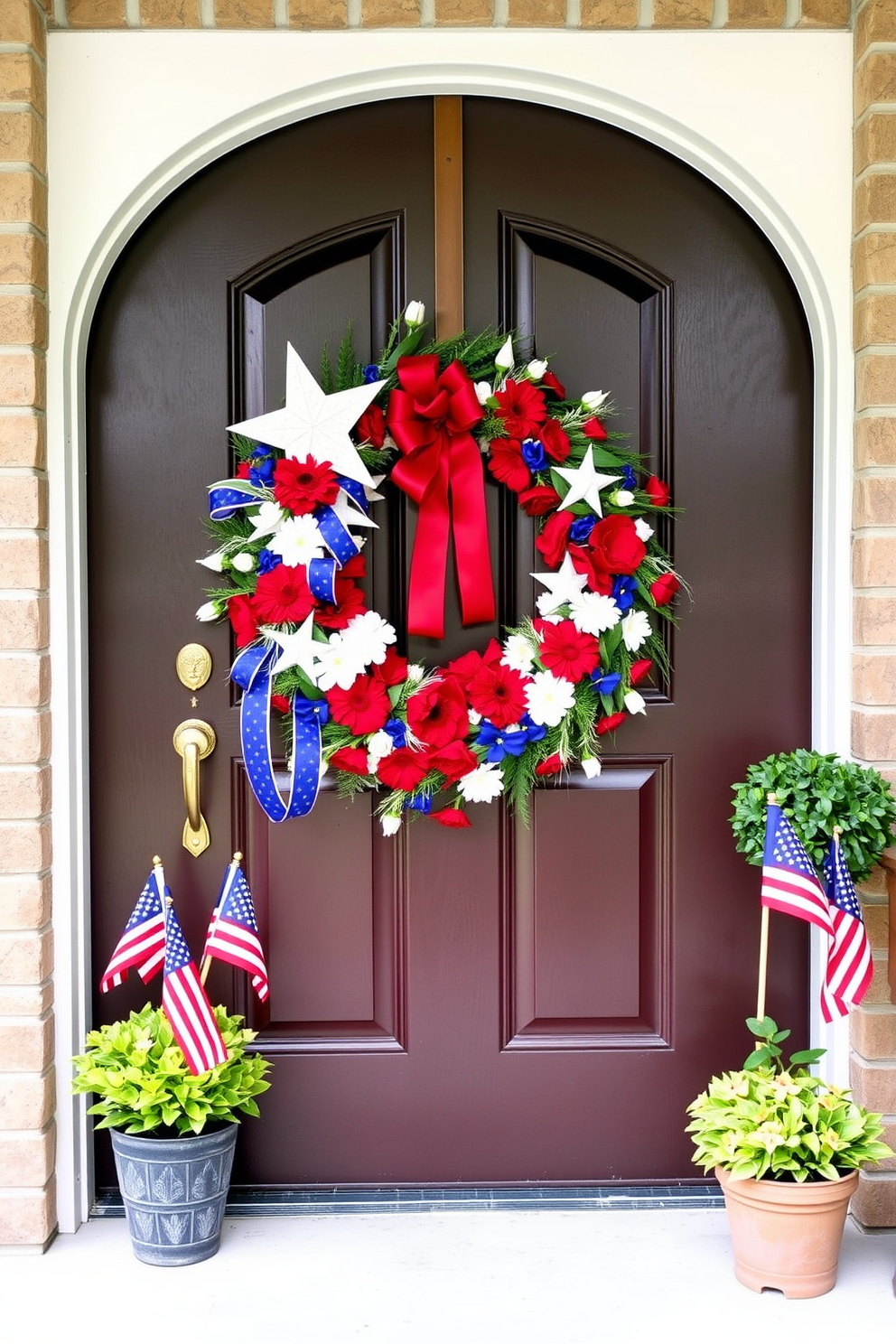 Create a charming front door adorned with a DIY patriotic wreath perfect for Memorial Day. The wreath is made of red white and blue flowers interspersed with stars and ribbons creating a festive and welcoming atmosphere. Surrounding the door are subtle decorations including small American flags and potted plants that complement the wreath. The overall look is inviting and celebratory capturing the spirit of the holiday.