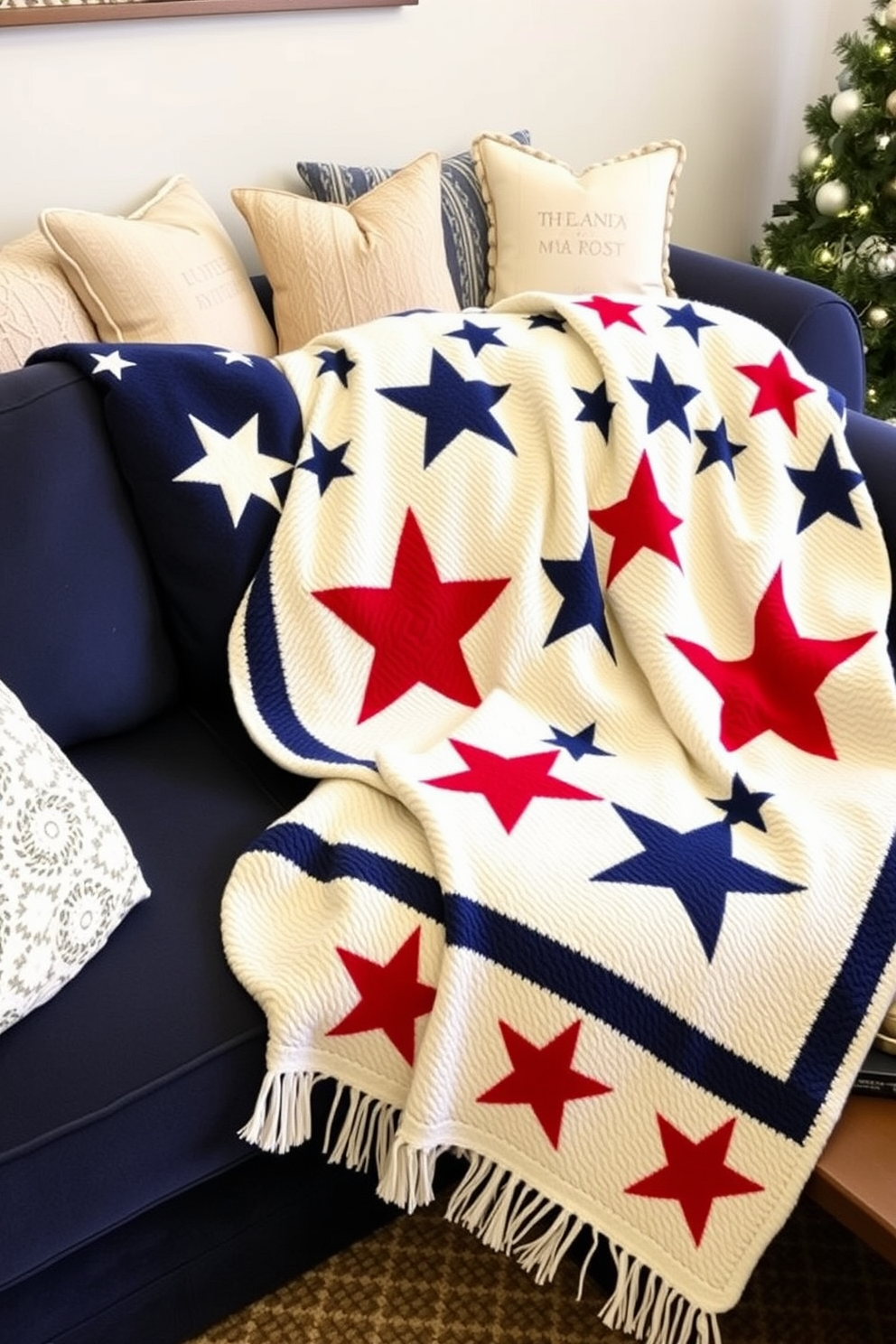 A cozy living room adorned with seasonal throw blankets featuring star patterns in red, white, and blue. The blankets are draped over a plush navy sofa, complemented by decorative pillows that enhance the festive atmosphere.